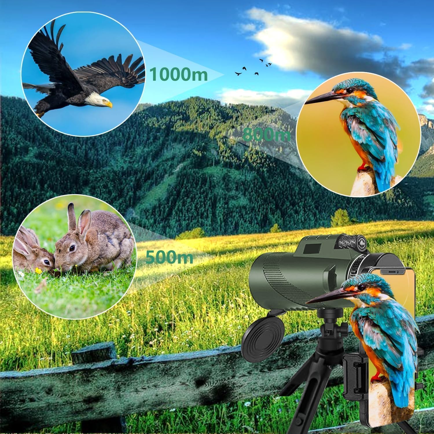 10x50 High Powered Monocular Telescope, Compact Non-Slip Portable Monocular for Bird Watching, Camping, Hiking, Travel, Concerts and Outdoor Viewing（Green） - 4