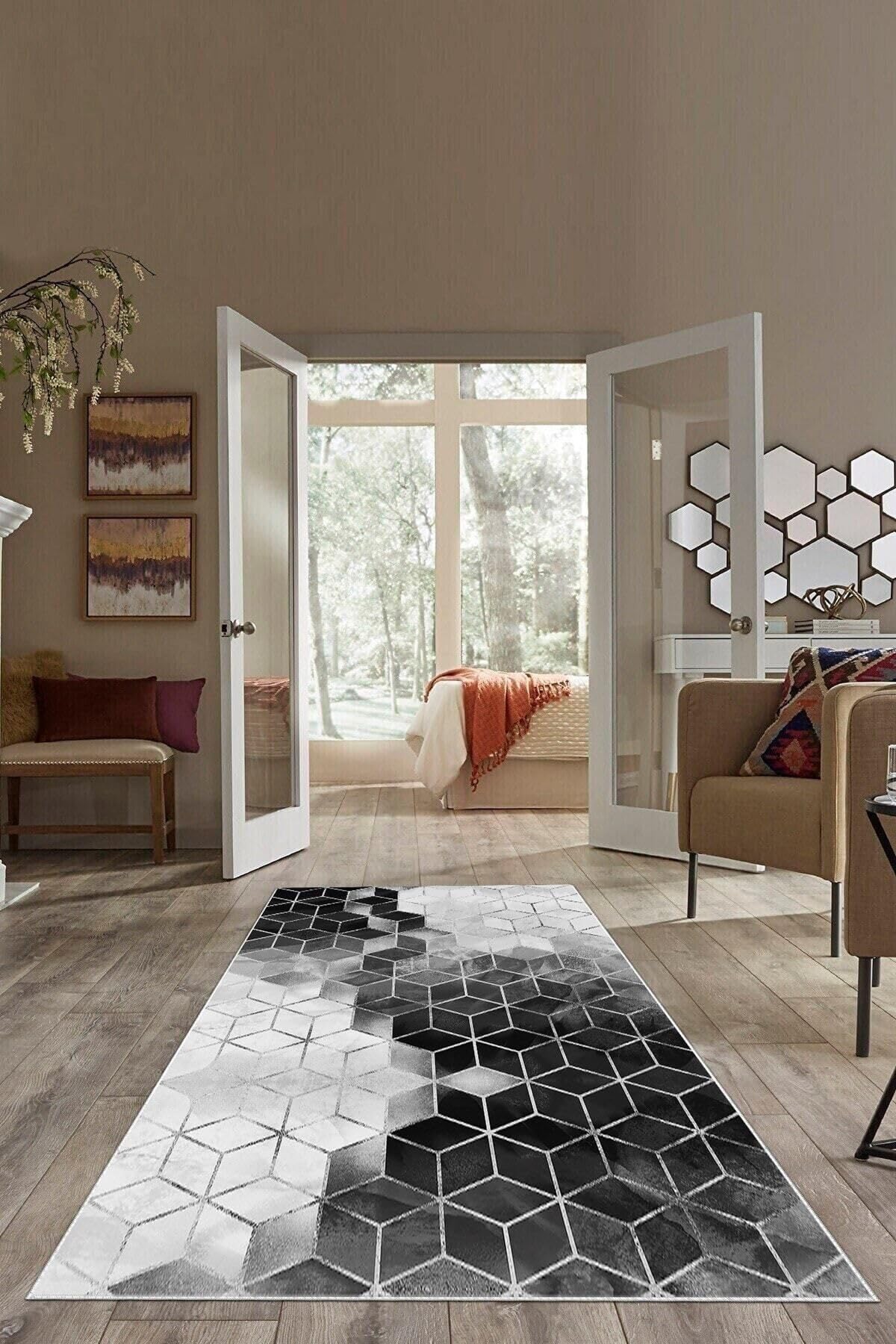 Pelangi Gri Çizgi Renk Geçiş Petek Desen Yıkanabilir Kaymaz Taban Leke Tutmaz Modern Salon Halısı Ve Yolluk, Açık Gri-Siyah 100 x 300, 72571238100300105
