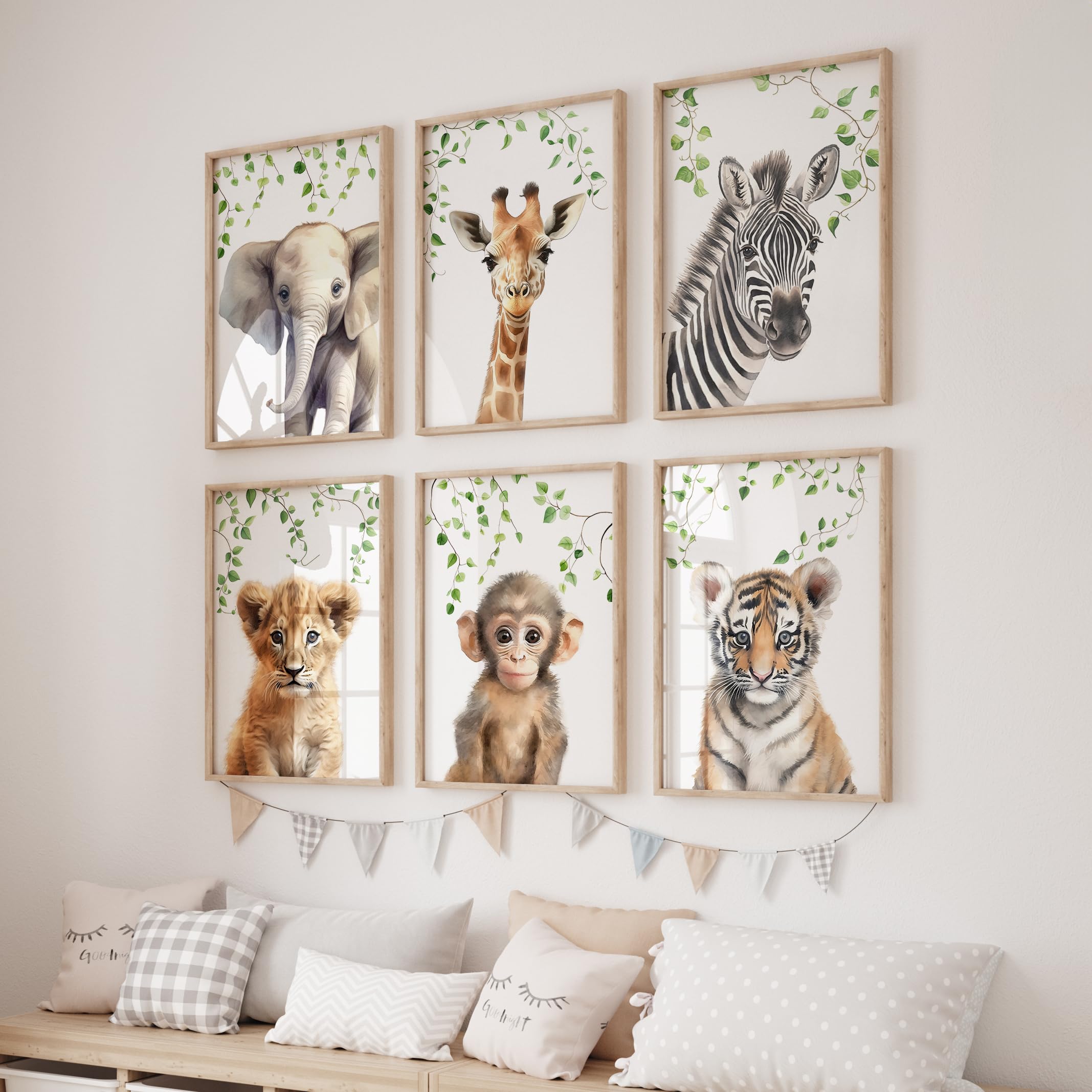 Rose Rowan Design Safari Animal Prints - Set of 6 Wild Animal Wall Art Prints for Baby's Room, Gender Neutral Nursery Decor - Giraffe, Elephant, Zebra (Leaves set of 6, A3)