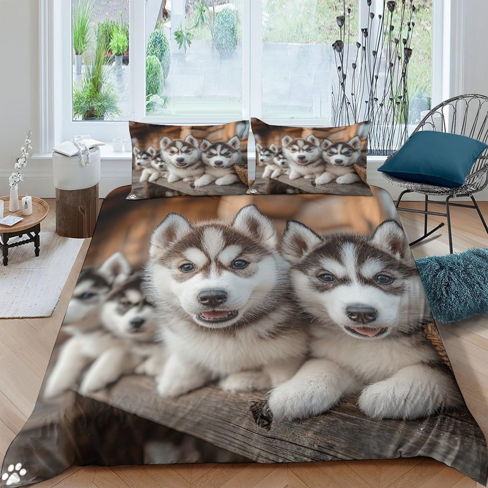 Ctjqhvkz Style-1 3D Printed Husky Puppy Fitted Sheet Microfiber Soft Breathable Dog Bed Cover For Bedroom Guest Room Decor Protection Single（135X200cm）