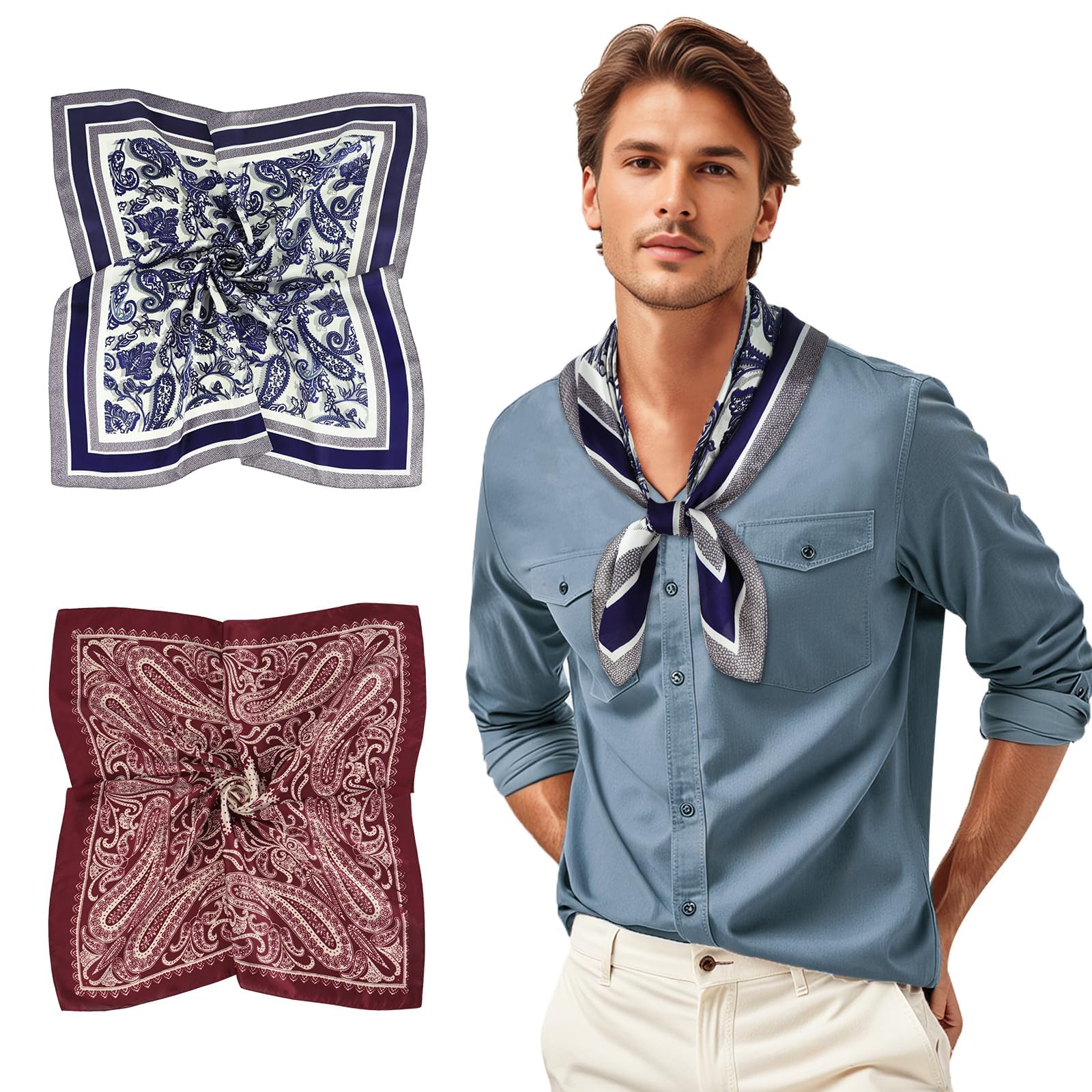 GERINLY Mens Silk Feel Scarf 2 Pack, 27 Inch Neckerchief Ascot, Novelty Head Bandana Wrap