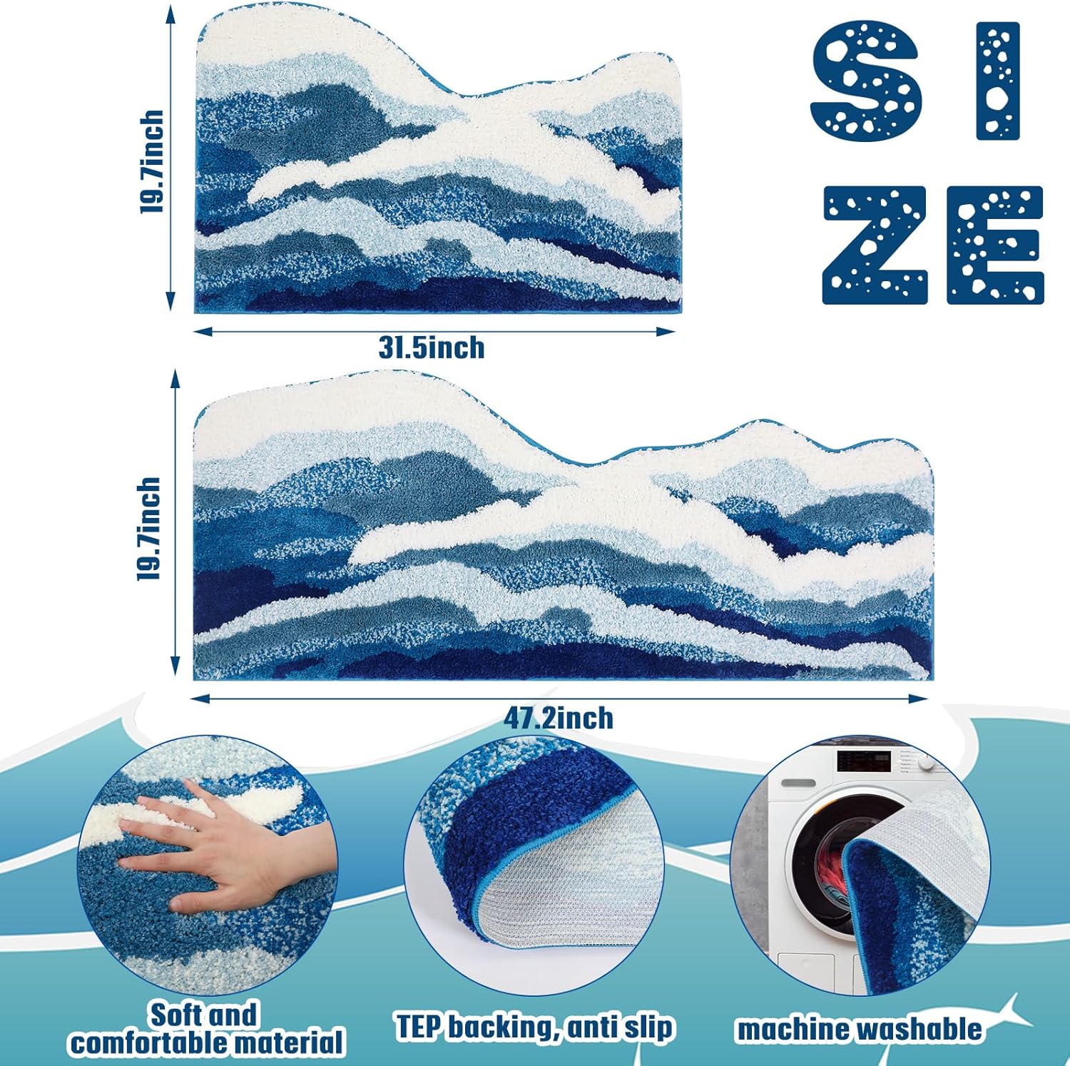 Tinideya 2 Pcs Wave Rug Blue Ocean Rug 3D Aesthetic Plush Beach Mat Non Slip Cute Backing Trendy Bath Mat Coastal Washable Soft Romantic Carpet for Shower Bedroom Bathroom Kitchen Decor