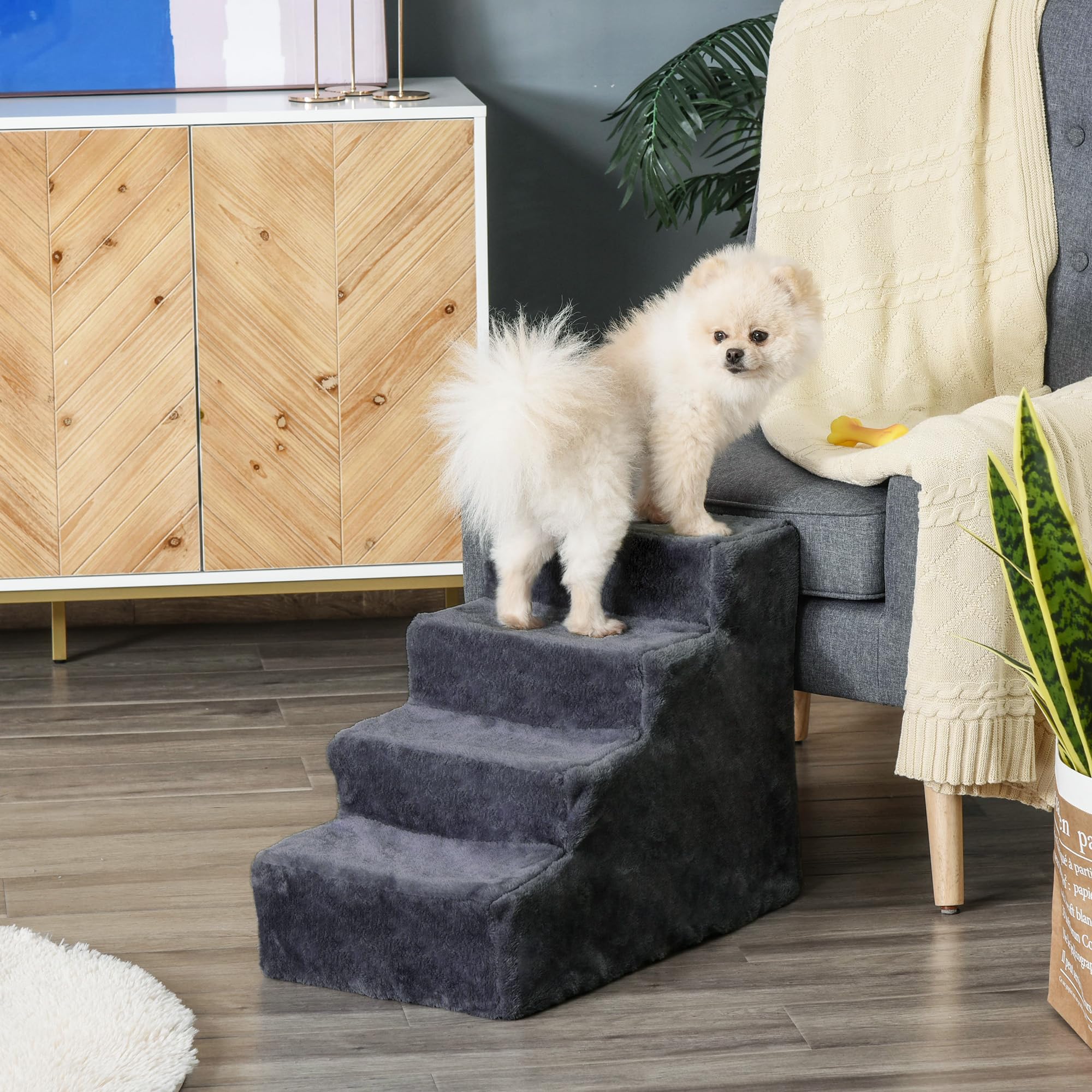 PawHut Scala per Cani a 4 Gradini, 60x35x44 cm Scaletta per Cani e Gatti di 10 KG in Tessuto Vellutato Sfoderabile e Lavabile, Grigio Scuro