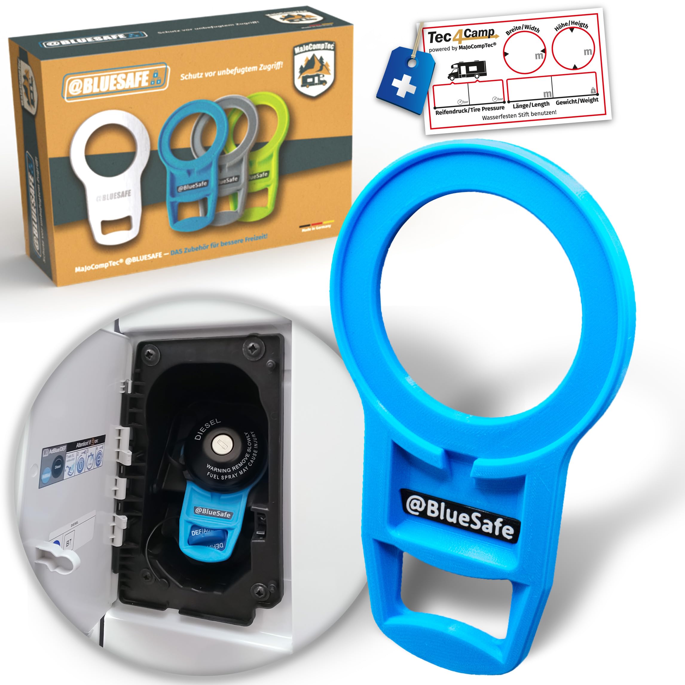 MaJoCompTec® ADBLUESAFE Tankdeckel Sicherung I Tanksicherung für AdBlue Tankverschluss Deckel I Zubehör Kastenwagen Camping Wohnmobil (Kunststoff Blau, Sicherung Boxer + Jumper + Ducato)