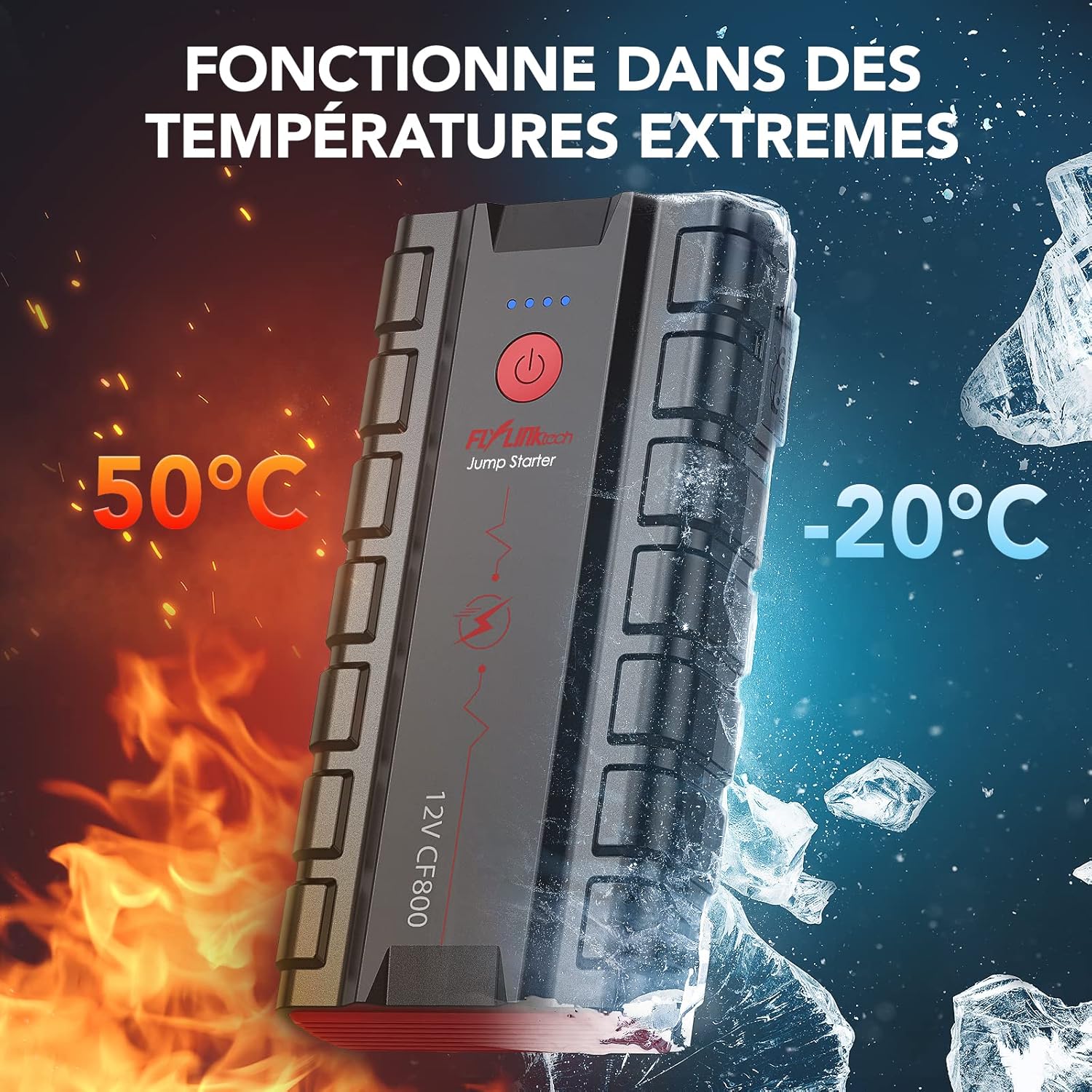 FLYLINKTECH CF800 jump starter operating in extreme hot (50°C) and cold (-20°C) conditions