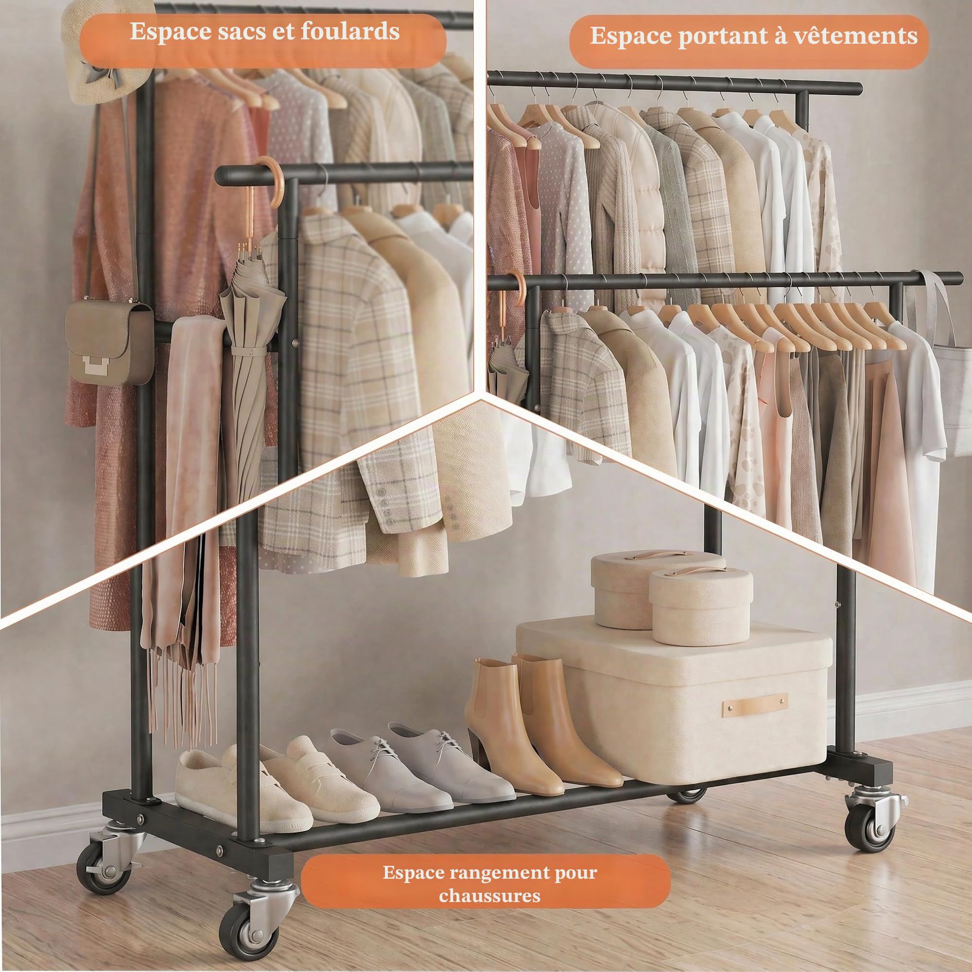Calmootey Portant à vêtements à double tringle, porte-vêtements à roulettes, organiseur de vêtements portable pour chambre à coucher, salon, magasin de vêtements, noir | Tiges haute-basse, deux roues verrouillables, cadre en métal robuste, gain de place,