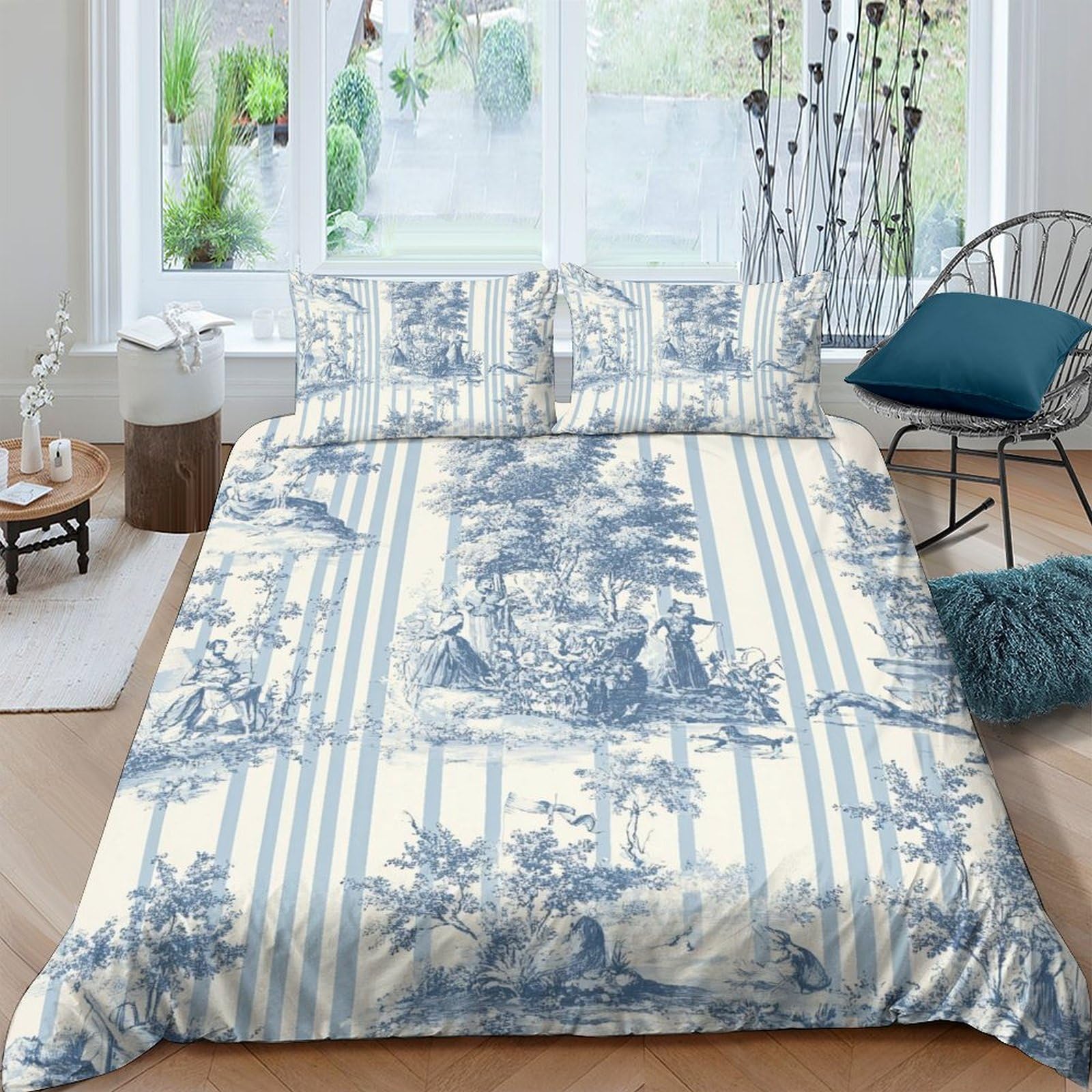 Ctjqhvkz Style-5 3D Printed Vintage Blue Toile Fitted Sheet Microfiber Bedroom Decor Elegant Striped Mattress Cover For Home Guest Room Single（135X200cm）