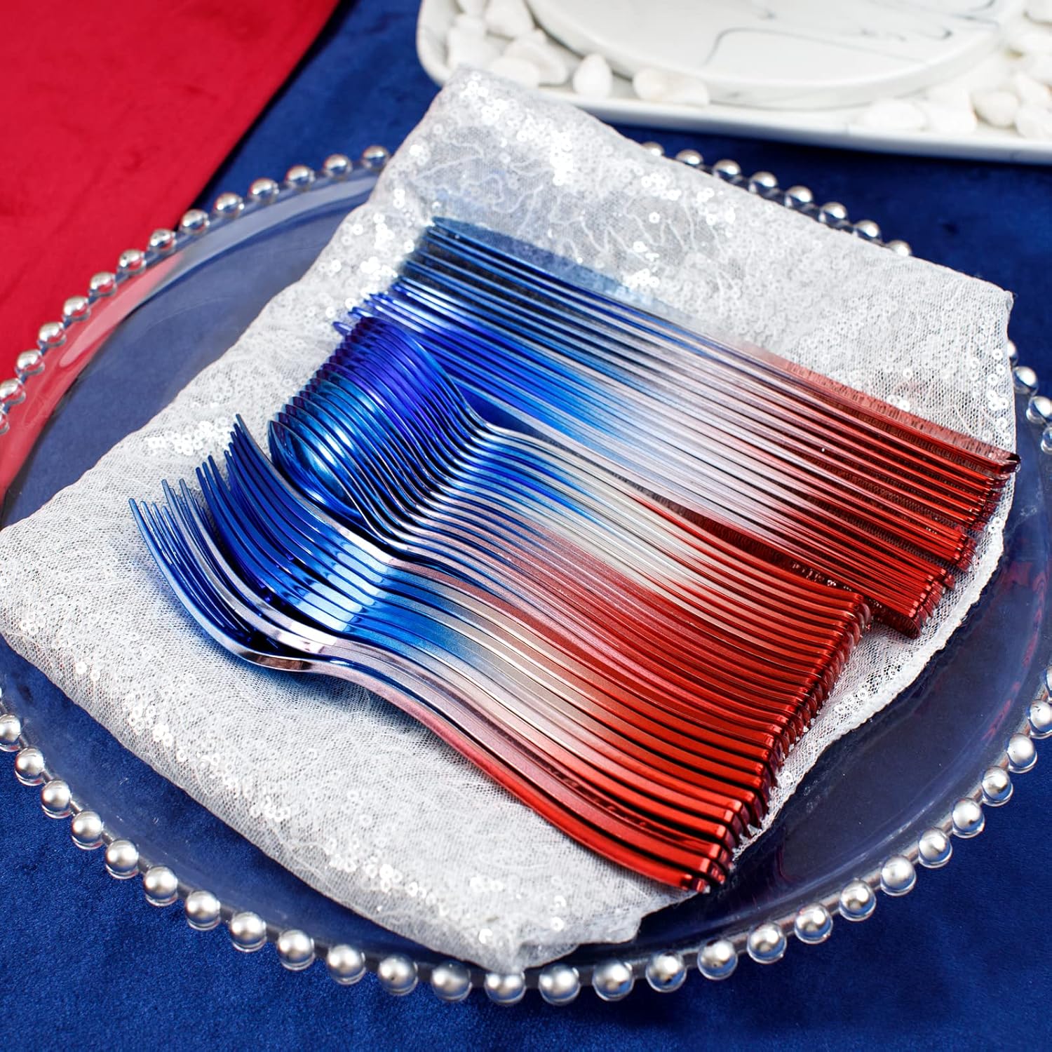 LIYH 120 Pcs Plastic Rainbow Silverware - 4th of July Red and Blue Plastic Cutlery, Colorful Fancy Party Utensils, Disposable Forks Suit for Party, Birthday Memorial Independence Day