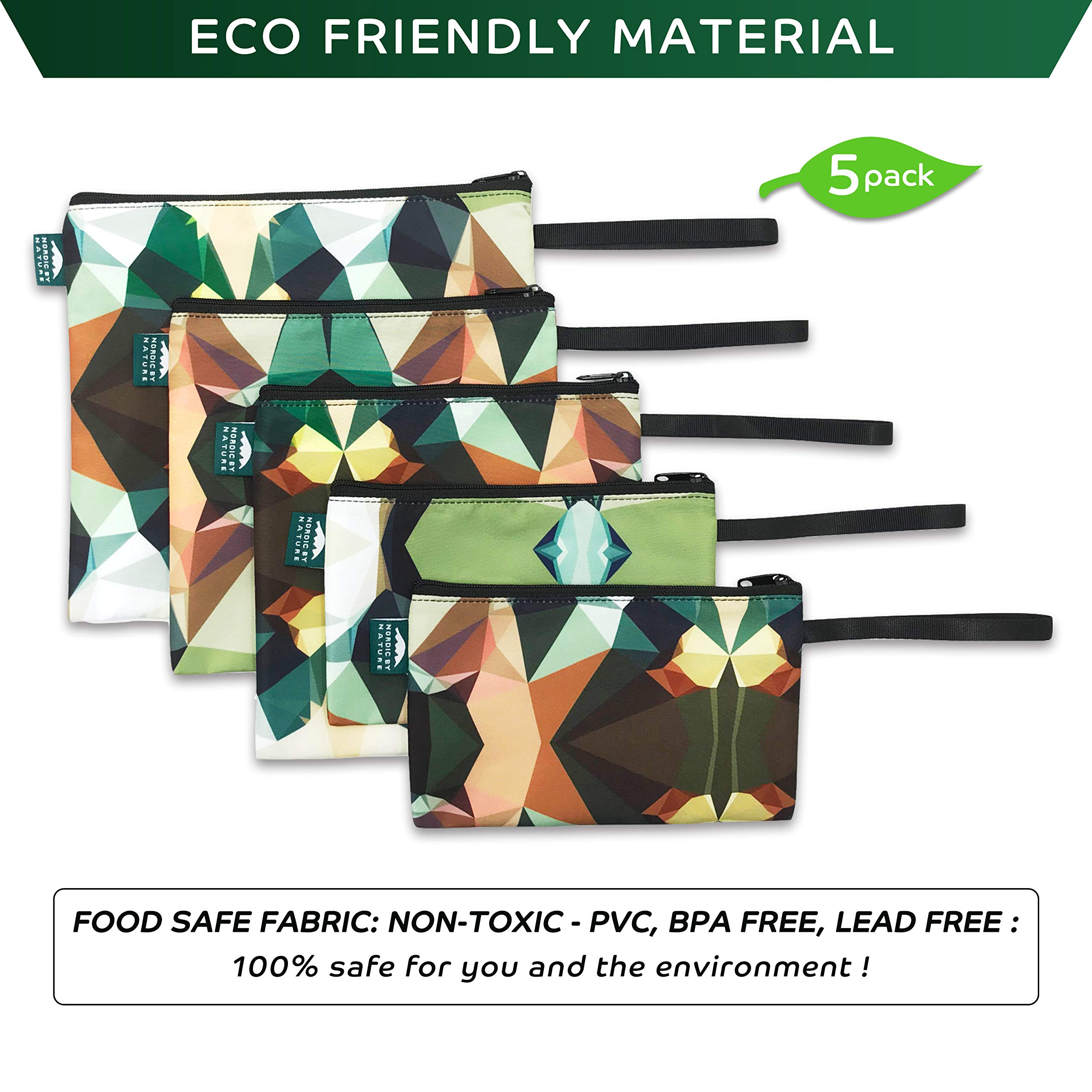 Nordic By Nature Reusable Sandwich Bag Snack Bags - Value Pack of 5 Dual Layer Lunch Baggies - Dishwasher Safe - Eco Friendly Cloth Wraps - Easy Open Zipper (Mosaic Camo)