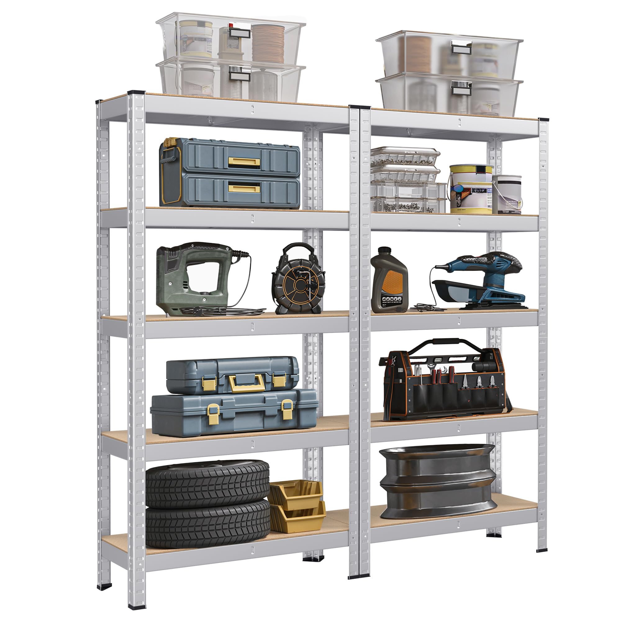 SONGMICS Lot de 2, Étagère de Rangement à 5 Niveaux, 30 x 75 x 150 cm, Capacité 650 kg, Planches Réglables, Style Industriel, pour Cuisine, Salon, Argent GLR030E02