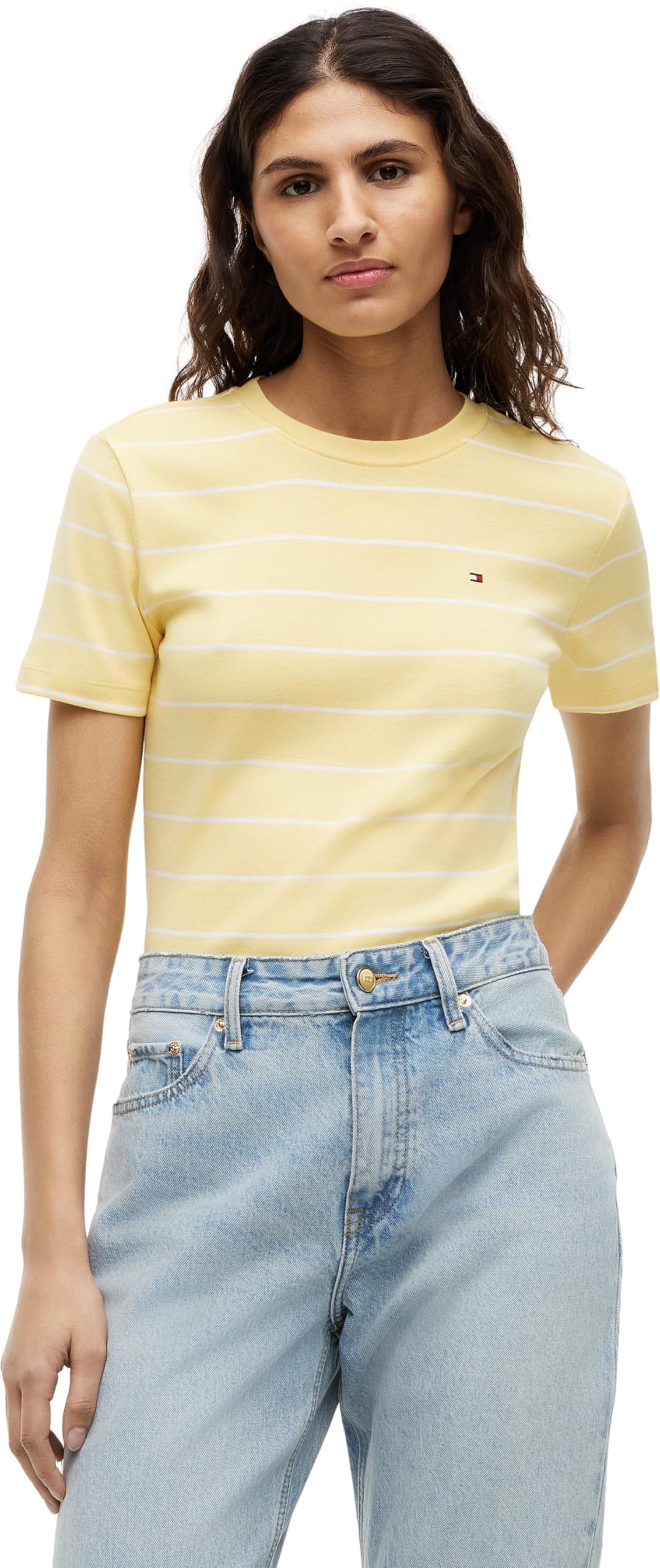 Tommy Hilfiger Damen Slim Cody C-Nk Ss Ww0Ww40587 S/S T-Shirt, Gelb (Fine STP Citronella/Ecru), M