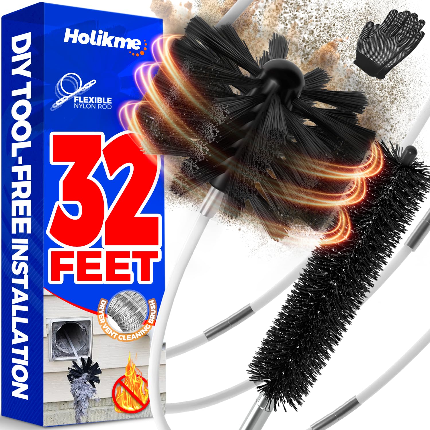 Holikme 32 Feet Dryer Vent Cleaner Kit, Lint Remover,Fireplace Chimney Brushes, Extends Up to 32 Feet, Synthetic Brush Head, Use with or Without a Power Drill
