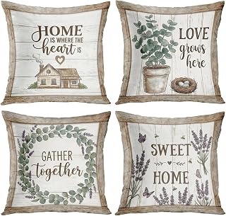 Throw Pillow Covers, Botanical Eucalyptus Leaf, Set of 4, 18"x18" | Farmhouse Leavess Decorative Pillow Cases Cushion Covers for Couch Sofa Living Room Home Decor