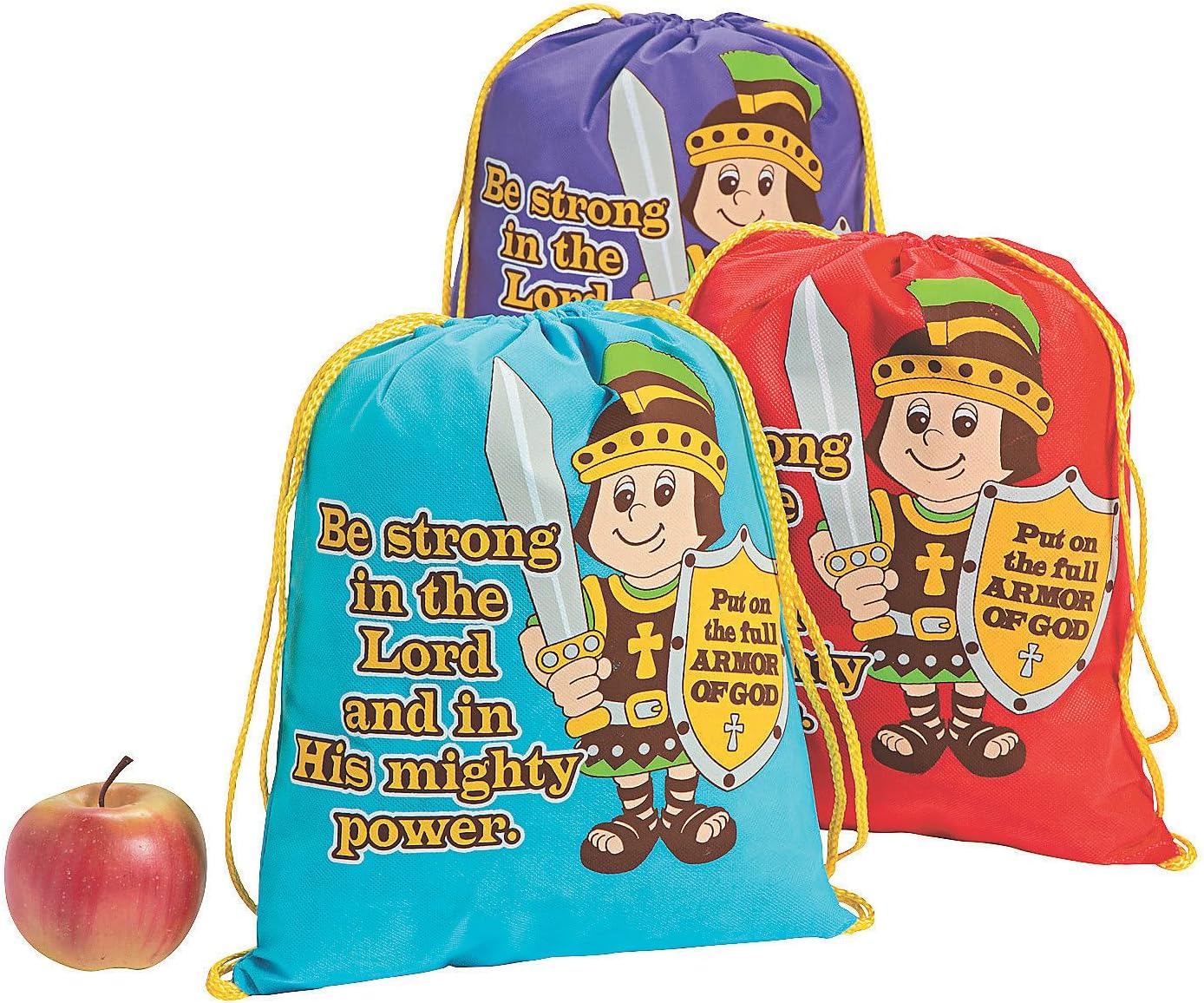 Fun Express Armor Of God Drawstring Backpack Bulk 12 Pack - Christian Gift Bags for Kids VBS Vacation Bible School Supplies | Church Bag String Backpack for Sunday School Prizes & Religious Giveaways