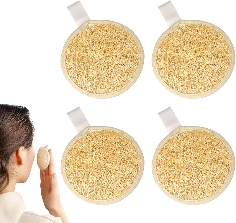 Bucha facial de bucha vegetal GoldenLife com dois lados, alça elástica e argola para pendurar, 8,51 cm, Pacote com 4