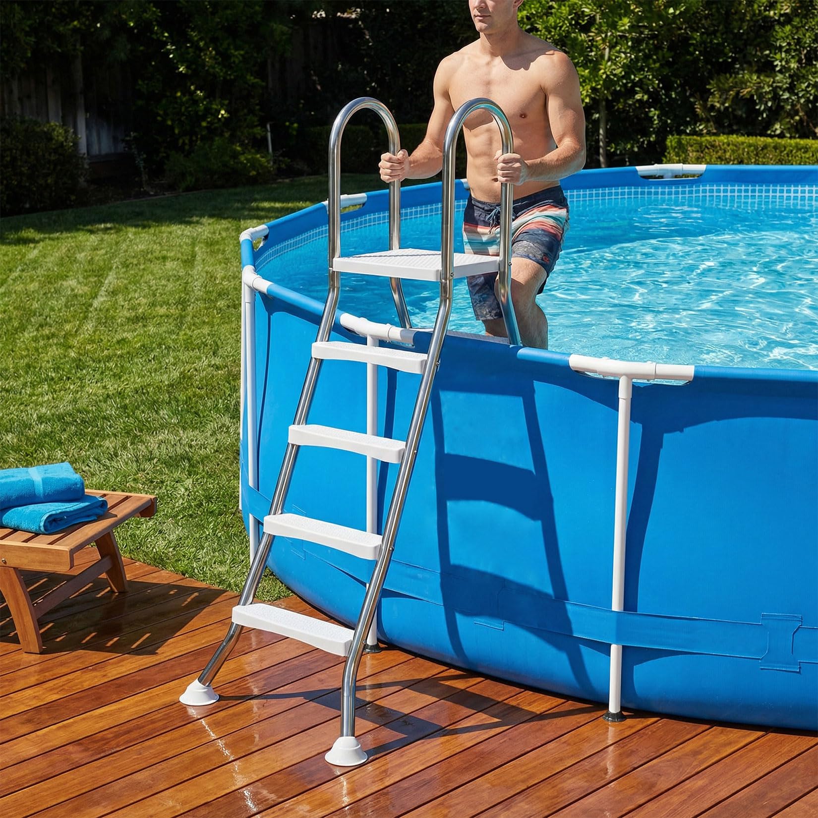 Edelstahl Poolleiter v4a mit 3 Rutschfesten Stufen, Schwimmbadleiter, Pooltreppe bis 250 kg Belastbar, Einstiegsleiter für Pool & Schwimmbecken Höhe bis zu 110 cm,135cm