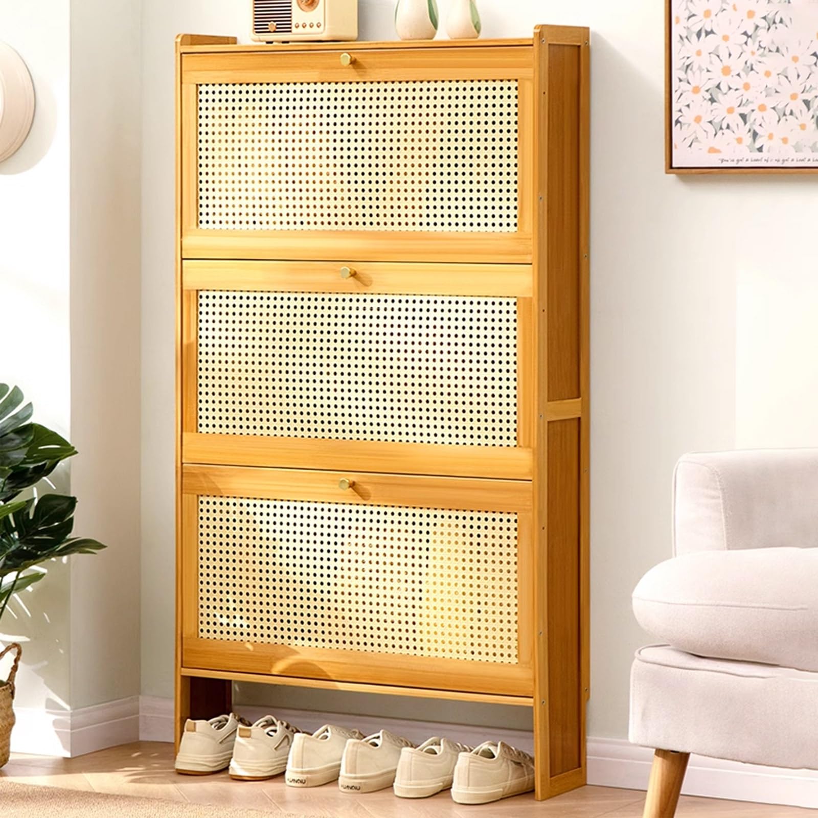 SVFOEBJM Shoe Storage Cabinet, Shoe Cabinet for Entryway Narrow, Plastic Rattan Shoe Cabinet, Freestanding Wooden Shoe Rack Storage Cabinet for Entryway Hallway Bedroom