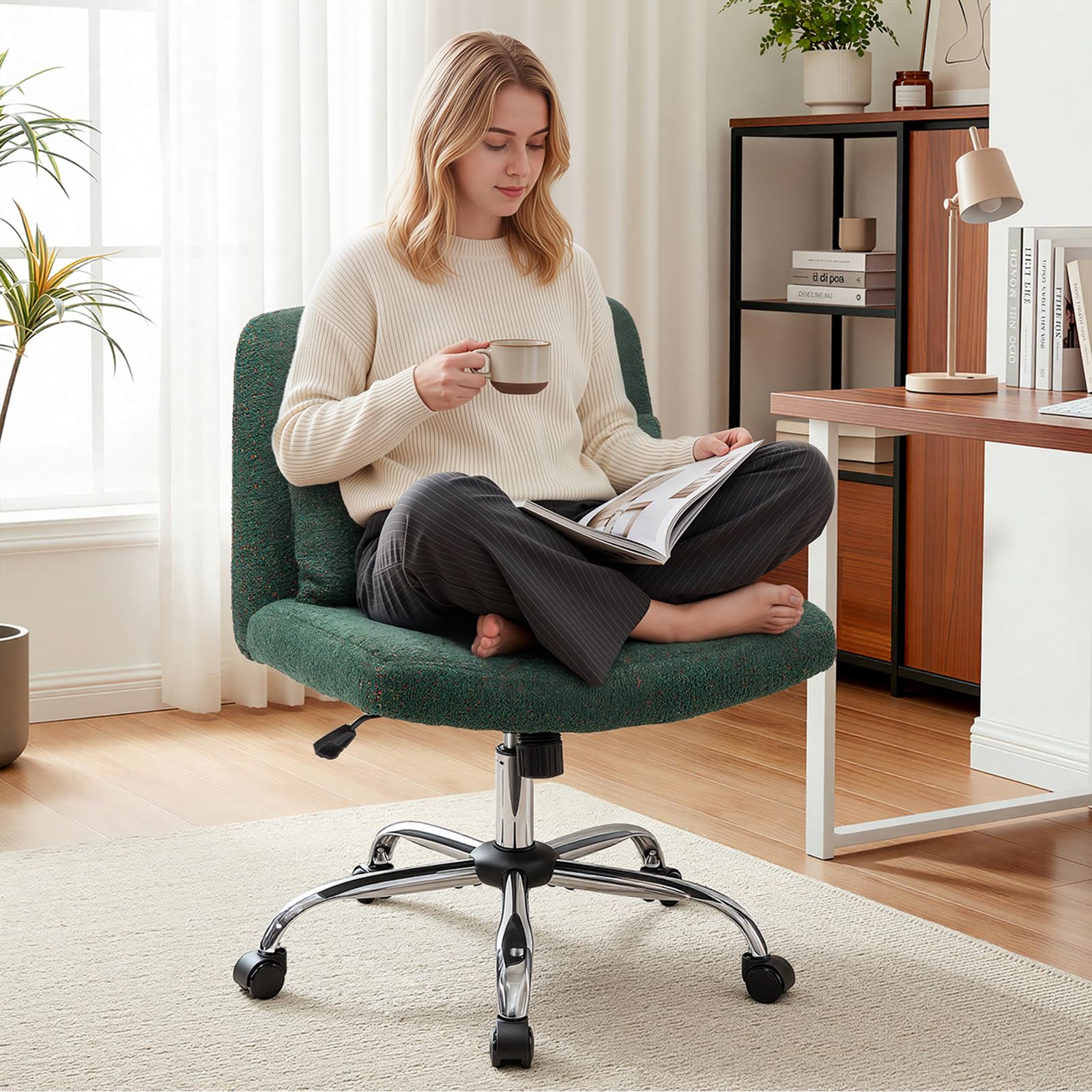 Warmiehomy Criss Cross Legged Office Chair for Home, Wide Seat Desk Chair with Wheels, Armless Vanity Chair for Bedroom, Height Adjustable Swivel Vanity Chair with Lumbar Pillow, Green