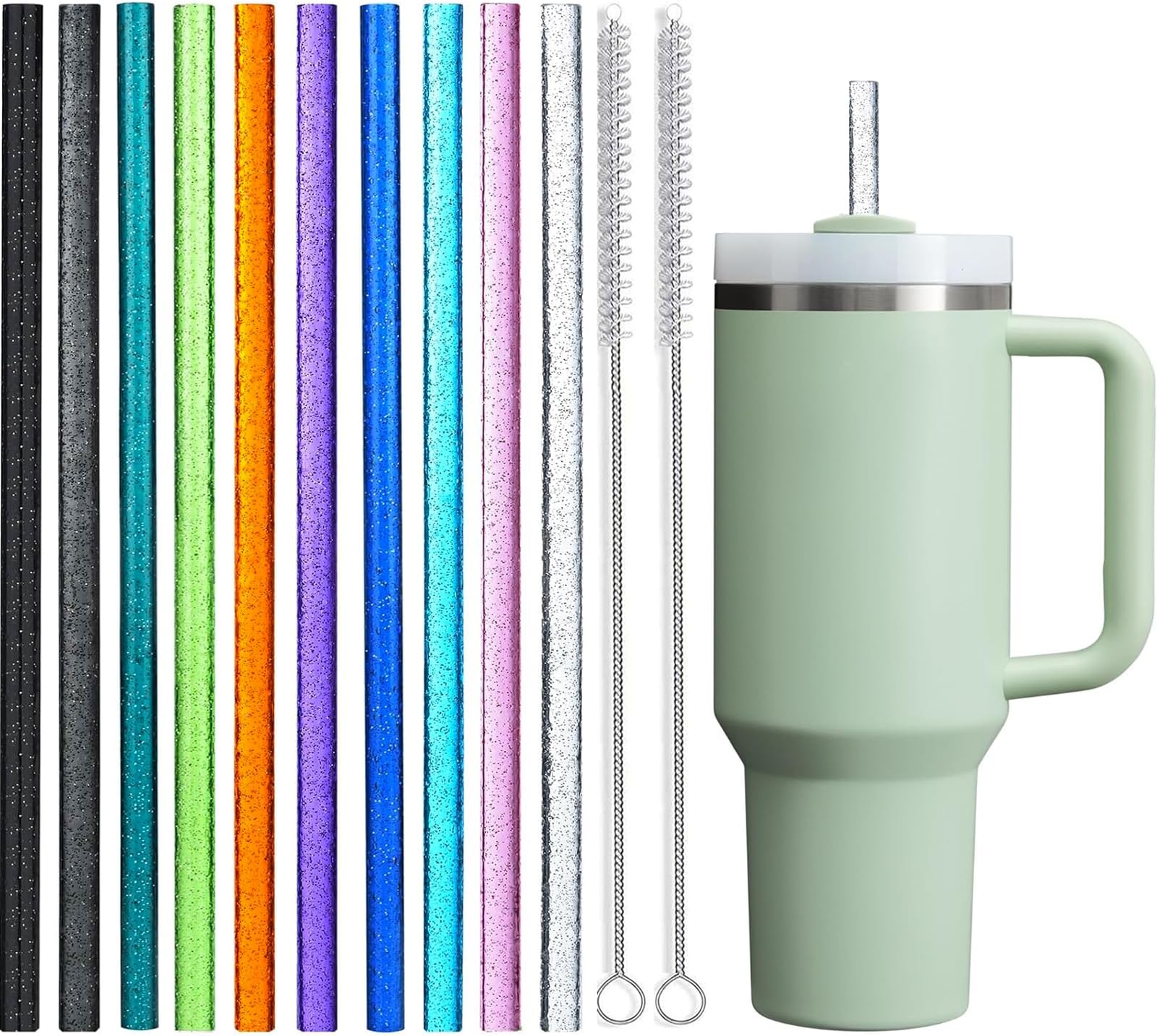 ALINK 10 Pack Glitter Straws for Stanley 40 oz 30 oz Tumbler, 12 in Long Reusable Plastic Clear Straws for Stanley Cup Accessories, Half Gallon Jug, Plus 2 Cleaning Brush (Color)