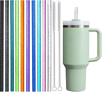 ALINK Reusable Glitter Straws for Stanley 40 oz 30 oz Tumbler, 12 in Long Colorful Hard Plastic Straws, 10 Colors Translucent Replacement Straw for Stanley Cup, Yeti, Owala, Starbucks with 2 Brush