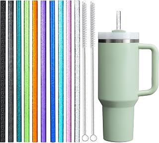 ALINK Reusable Glitter Straws for Stanley 40 oz 30 oz Tumbler, 12 in Long Colorful Hard Plastic Straws, 10 Colors Translucent Replacement Straw for Stanley Cup, Yeti, Owala, Starbucks with 2 Brush
