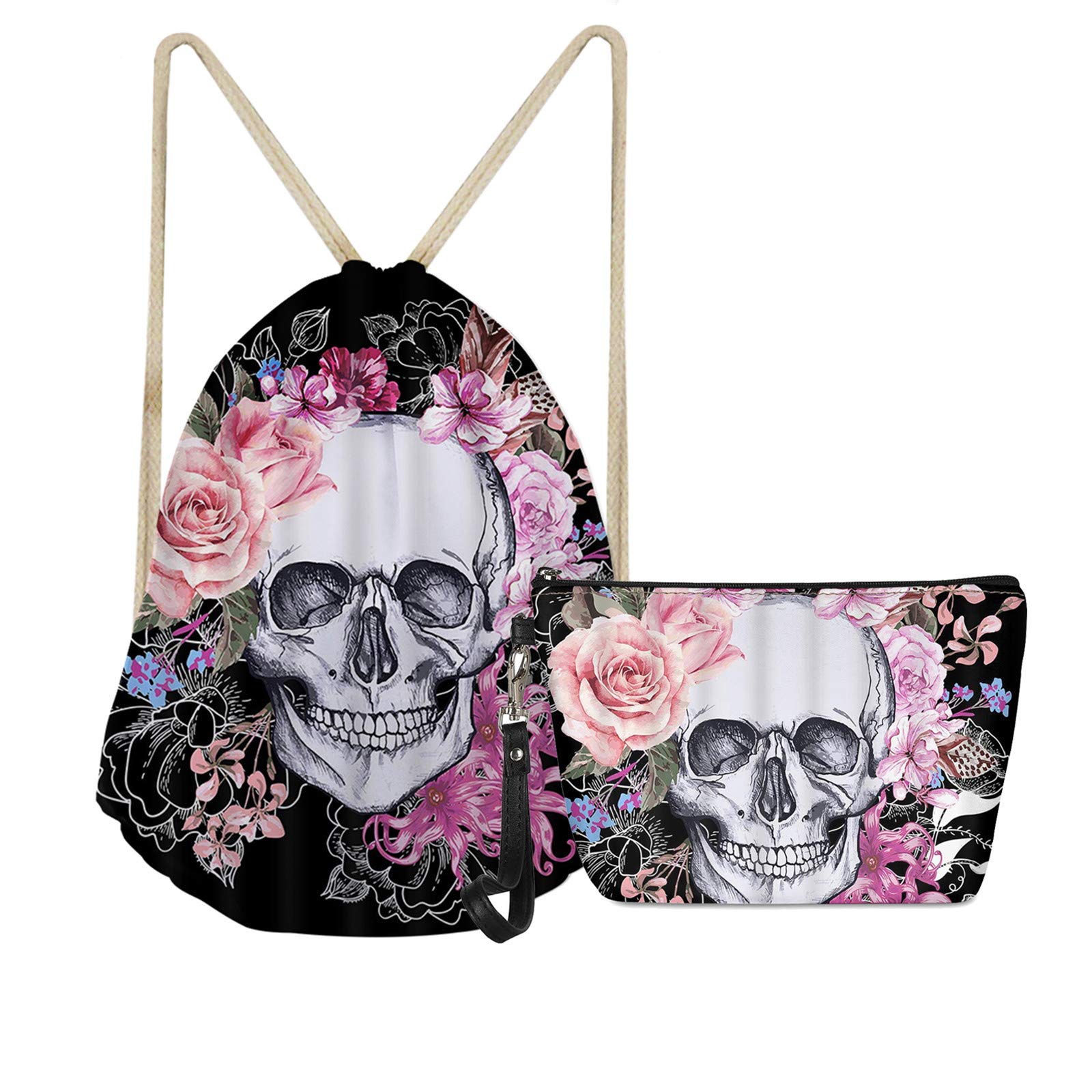SEANATIVE Rose Sugar Skull Drawstring Backpack Gymsack Drawstring Bag Sport Sackpack for Travel,with Small Makeup Bag,Gift Set of 2
