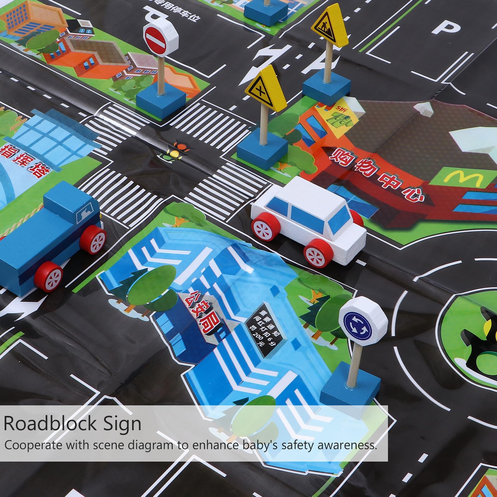 Set Giocattoli Segnali Stradali in Legno, 33 Cartelli Stradali 2 Veicoli e Mappa, Blocchi Educativi per Gioco di Simulazione e Sicurezza Stradale
