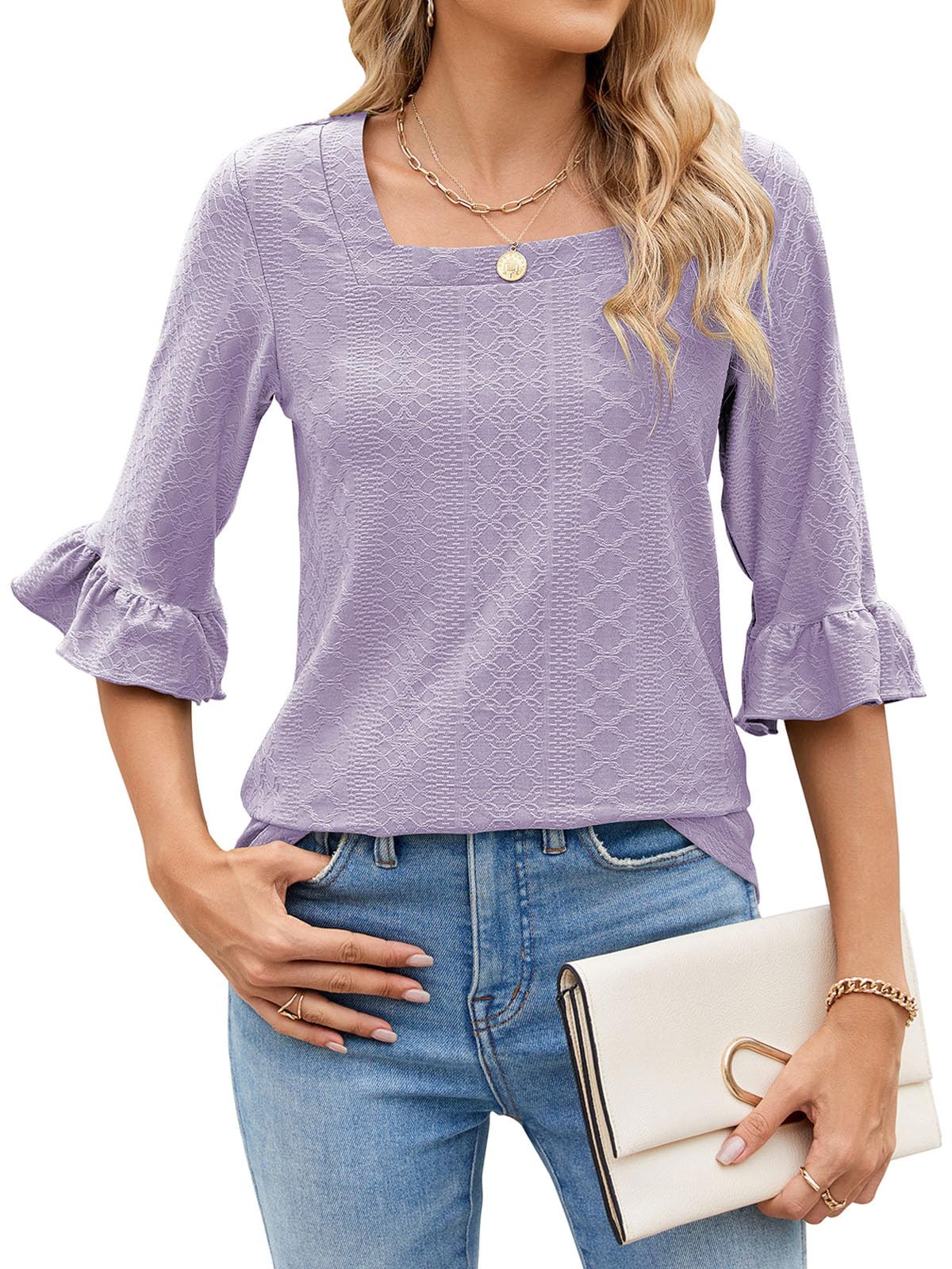 Poetsky Women's Casual 3/4 Sleeve Eyelet Tops Dressy Square Neck T Shirts Loose Fit Ruffle Tunic Blouses