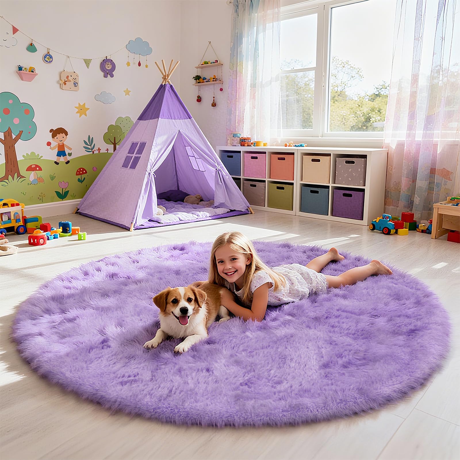 yulidayang Purple Fluffy Round Area Rugs for Bedroom,3'X3'Shag Circle Area Rugs for Girls Room,Non Slip Fuzzy Plush Rug for Kids Room Living Room and