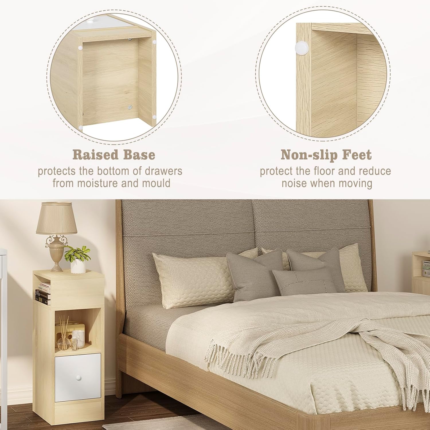 Diagram showing raised base and non-slip feet features