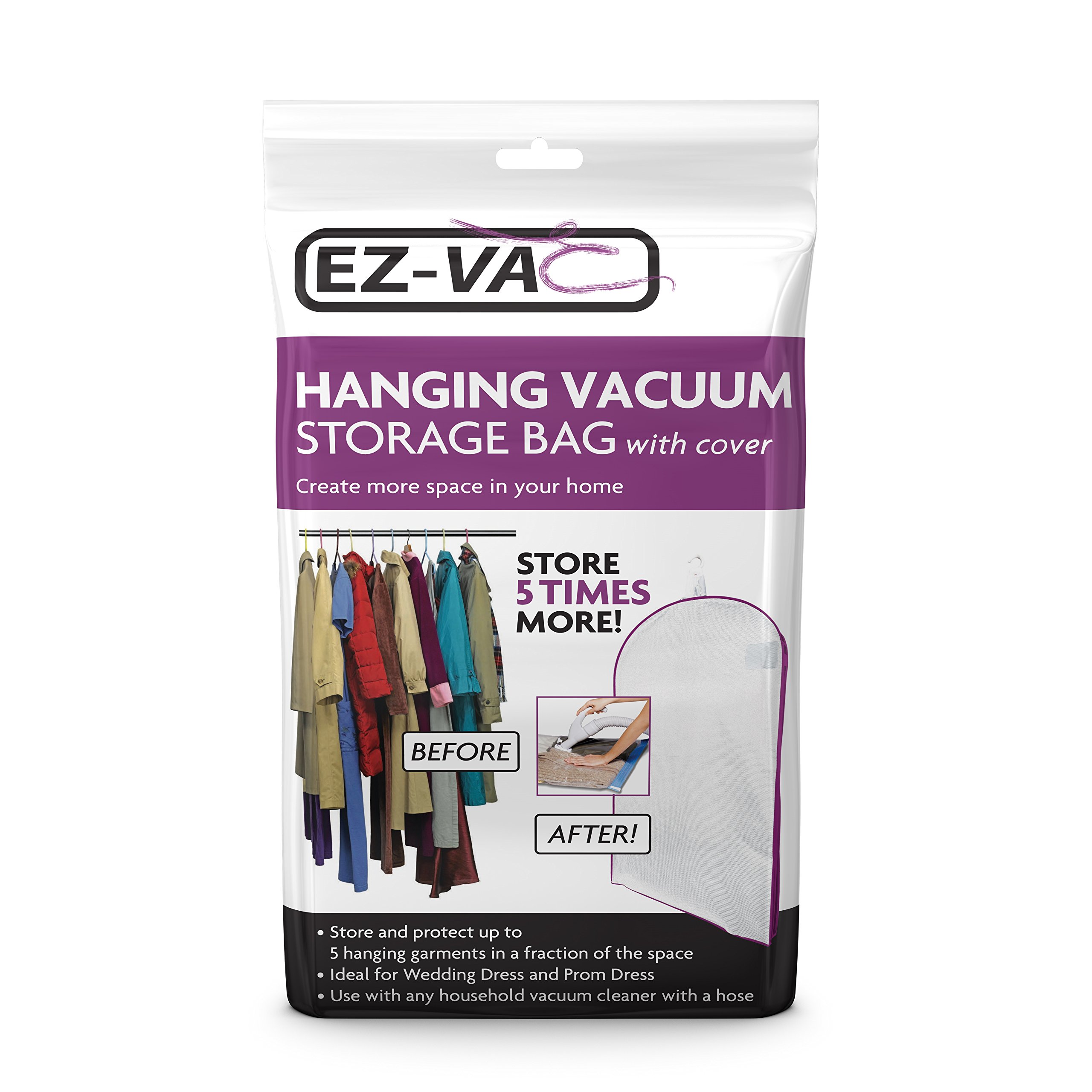 EZ-Vacx1 Large Hanging Vacuum Storage Bag Space Saver Vacuum Packing Bag For Suits, Dresses, T Shirts, Jackets & Clothes Storage - Fits Perfectly In Any Wardrobe Size: 120 x 70 x 18cm