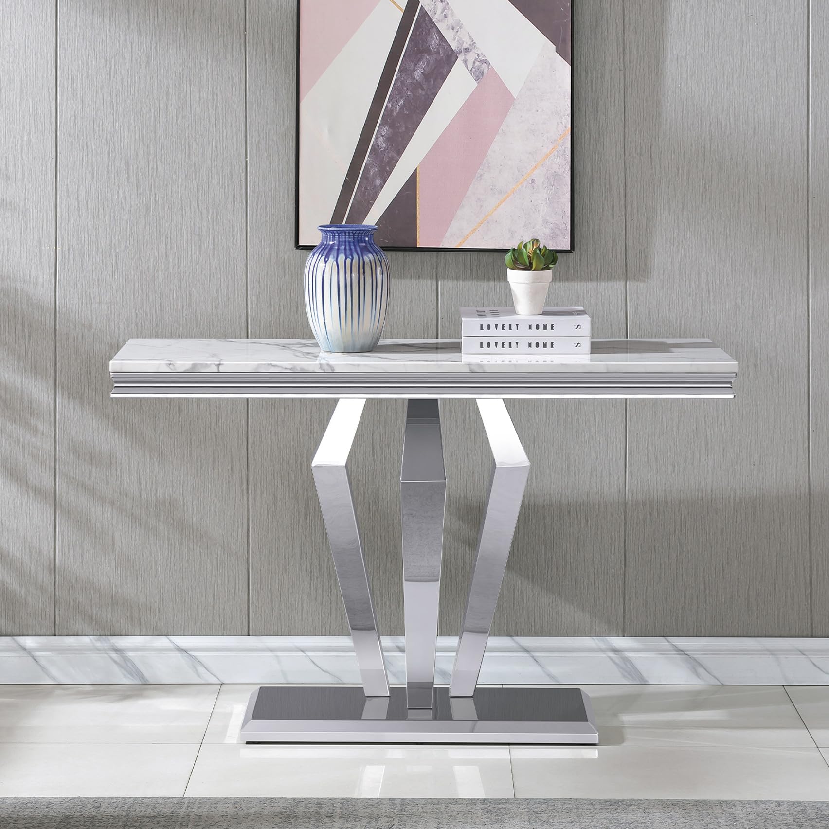 Maotifeys Modern Luxury Faux Marble Console Table with Polished Silver Stainless Steel Diamond Base 47" Rectangular White Marble Sofa Table Elegant