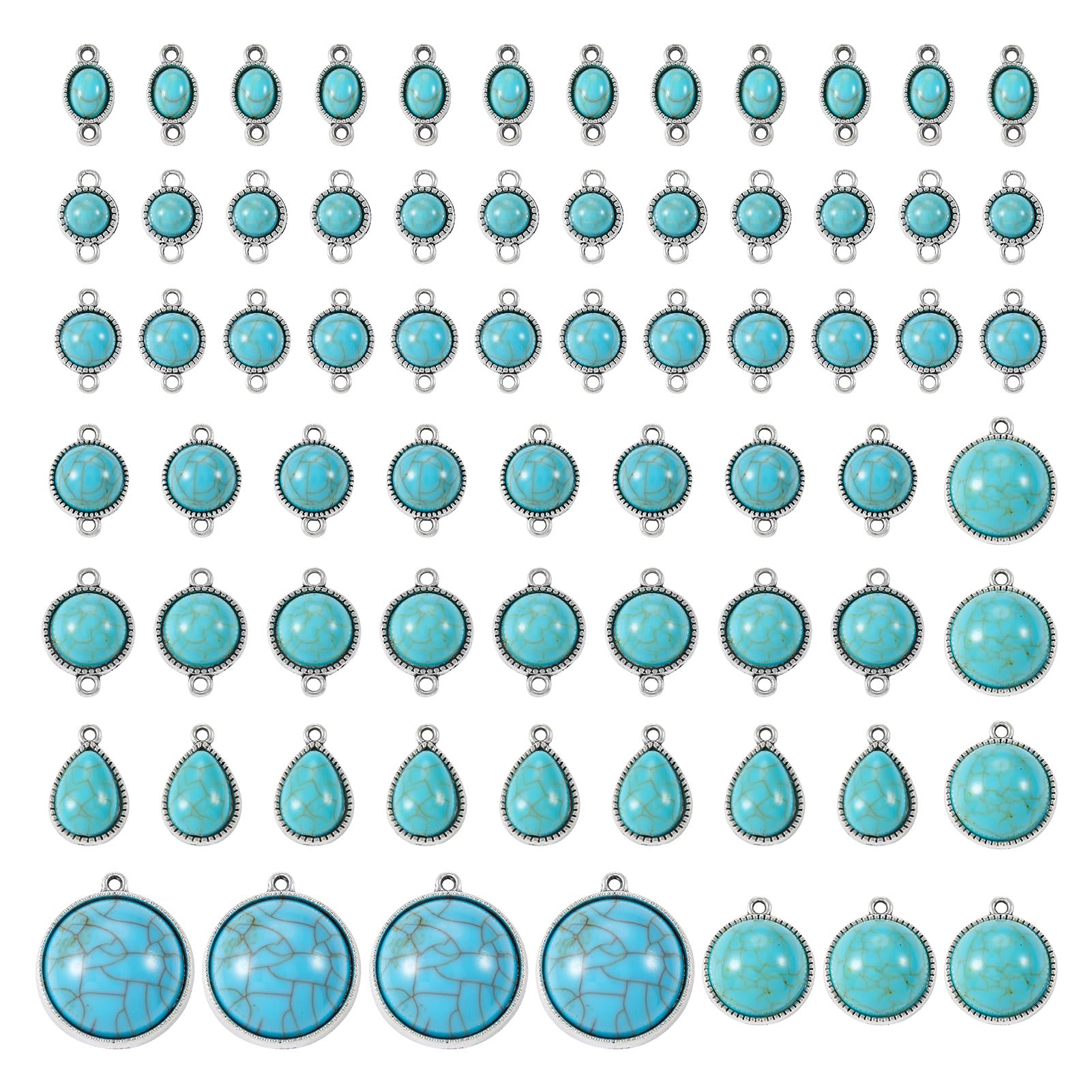 Pandahall 70Pcs Tibetan Style Teardrop Turquoise Connector Charms - Round Bohemian Earring Retro Antique Silver Western Link for DIY Boho Necklace Jewelry Making