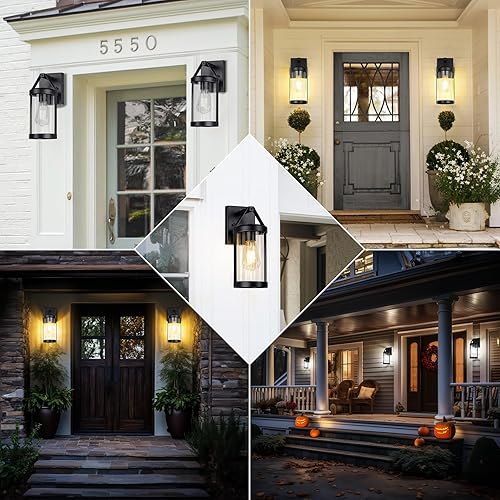 Miniatura 7 de Paquete de 2 lámparas para exteriores para montaje en pared, impermeables, modernas, para porche, aplique de pared negro con vidrio acanalado