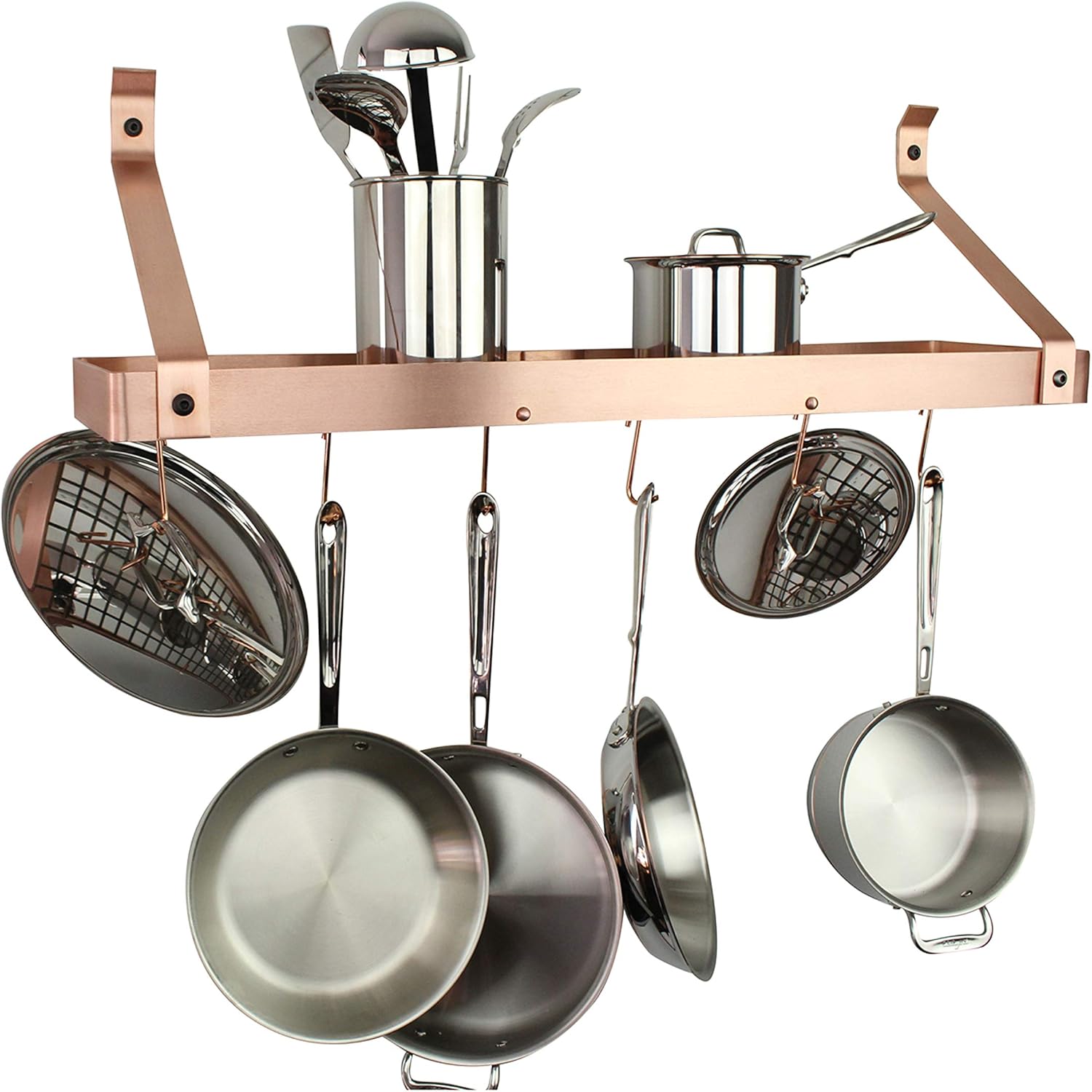 Handcrafted 30" Bookshelf Wall Rack w Straight Arm and 12 Hooks Brushed Copper