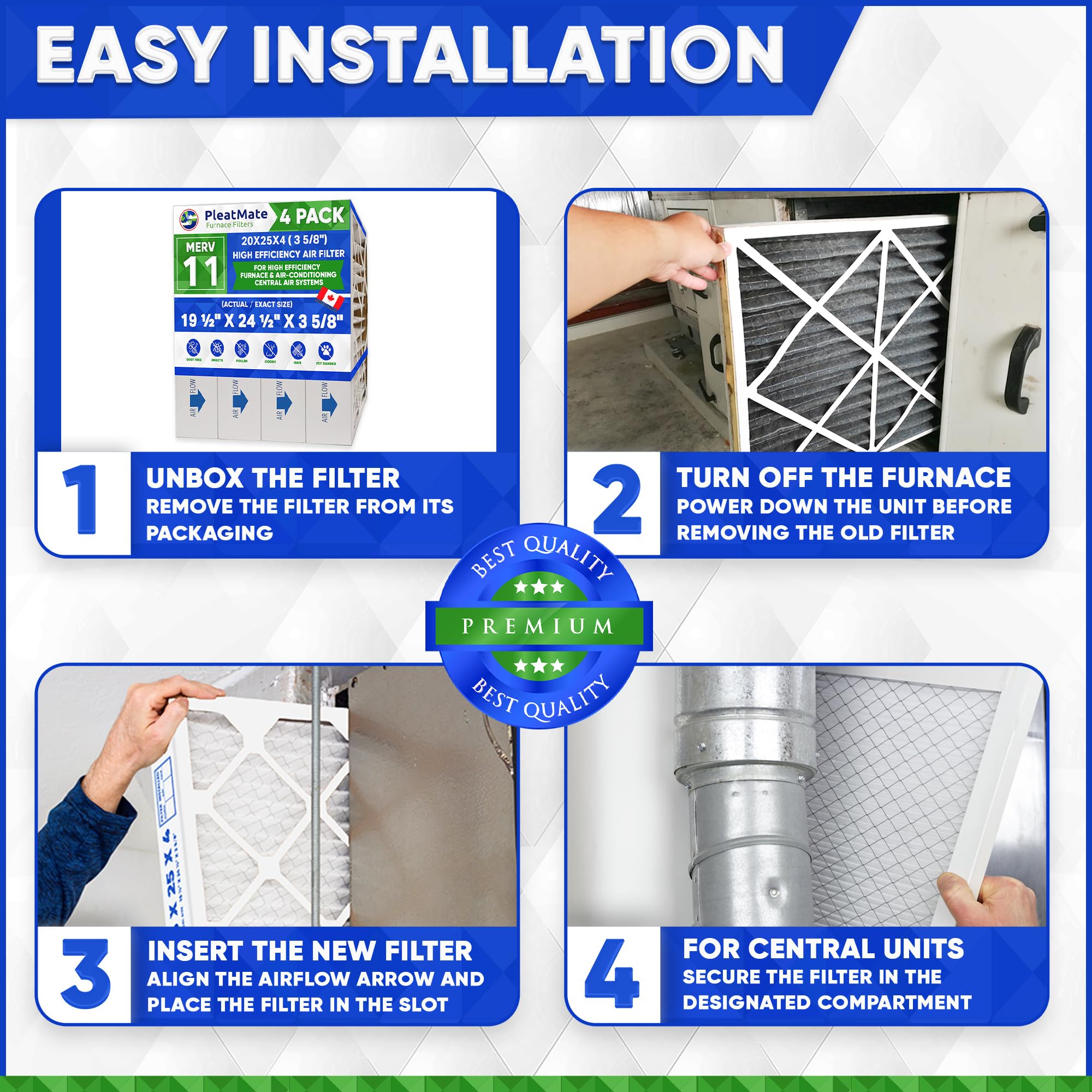 Pleated furnace filters, MERV 11, 20x25x4 (3 5/8