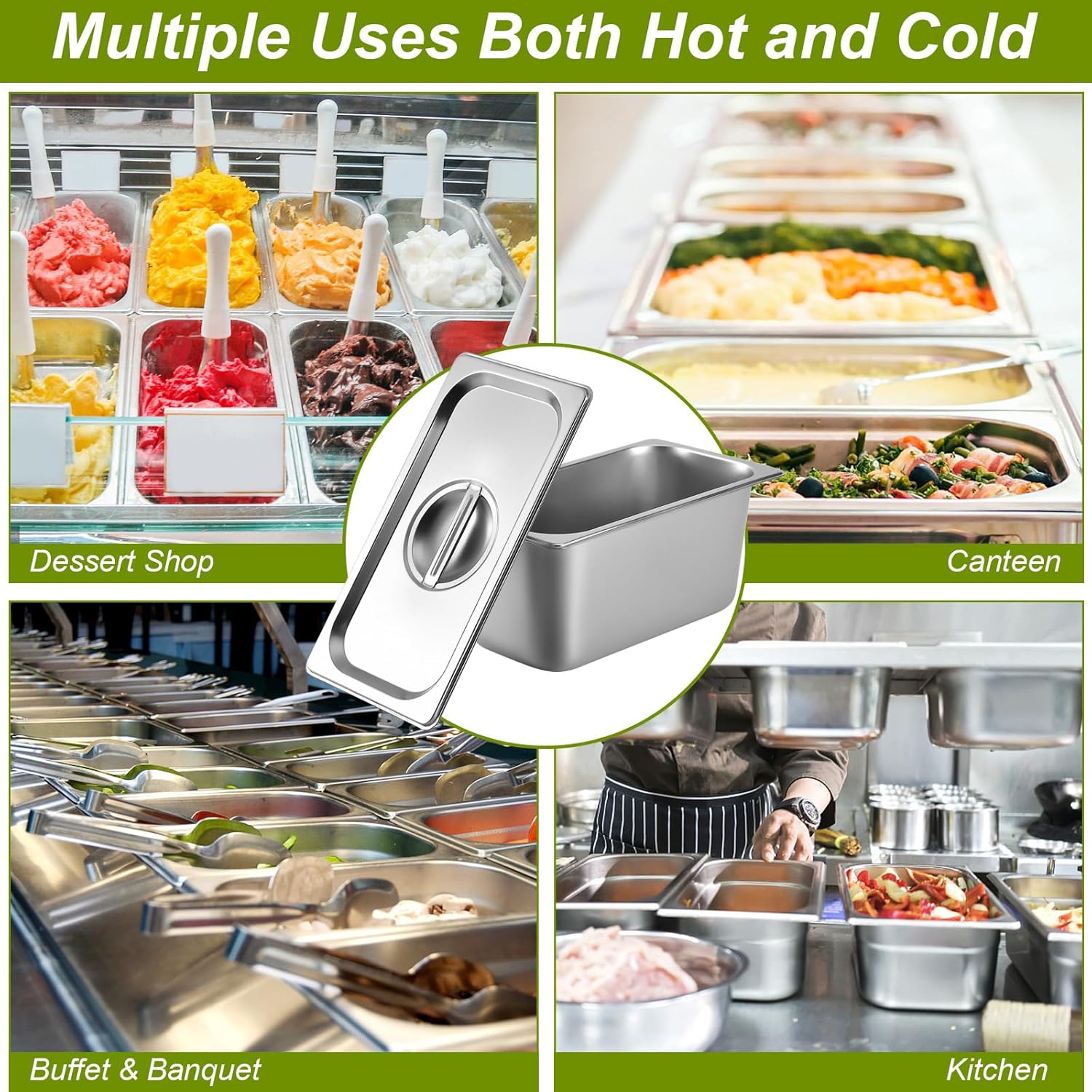 8 Pack 1/3 Size Hotel Pans with Lids, 6 Inch Deep 1.2mm Thick, Commercial Stainless Steel Chafing Steam Table Pan, Catering Storage Metal Food Pan