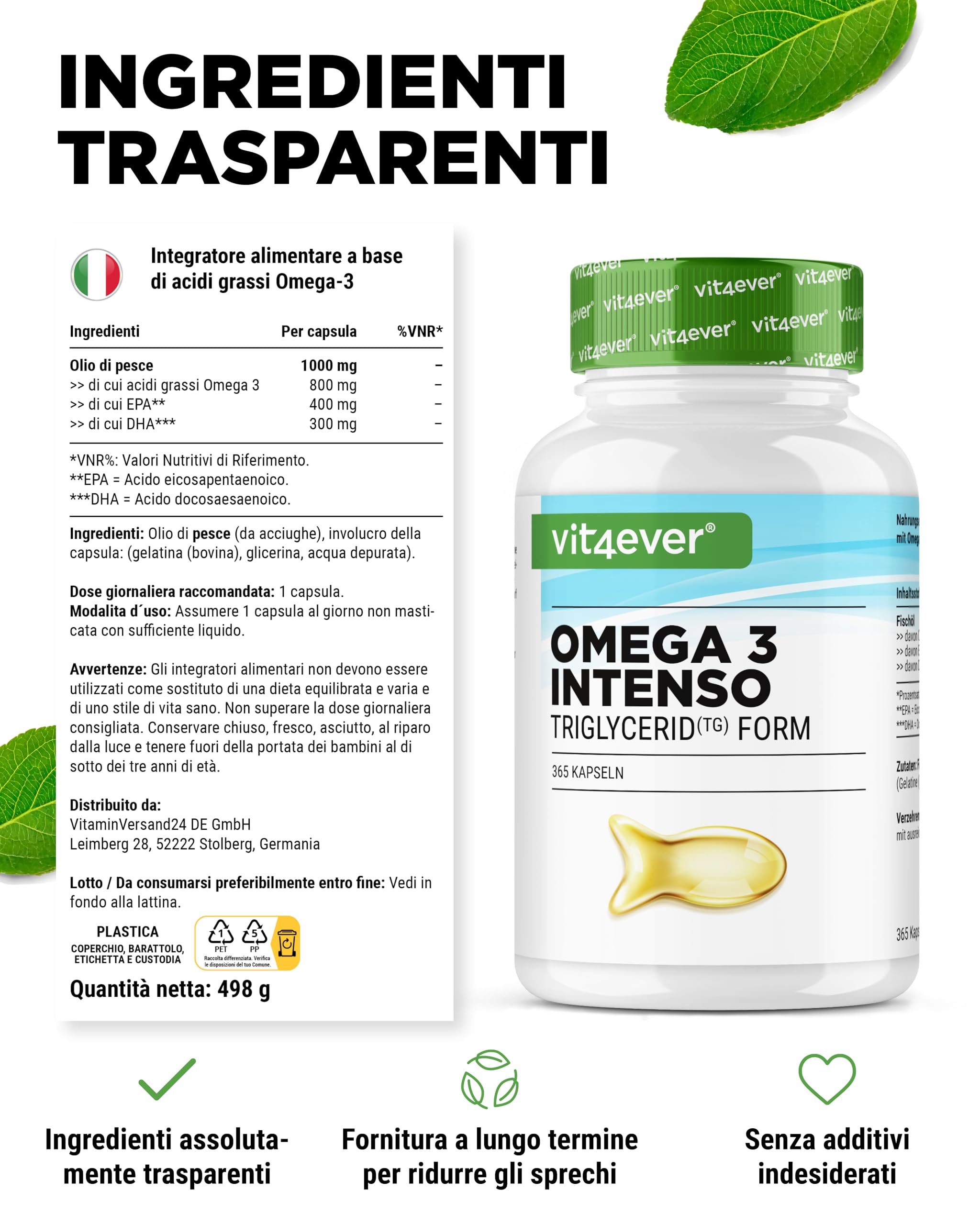vit4ever Premium Omega 3 con l'80% di Acidi Grassi - 365 Capsule | 1000 mg di Olio di Pesce per Capsula con EPA e DHA - Forma di Trigliceridi
