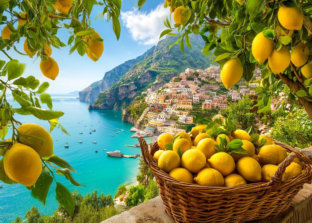Bgraamiens 1000 Piece Jigsaw Puzzles for Adults – Amalfi Coast with Lemons – Mediterranean Seaside Scene with Citrus and Coastal View – Scenic Italian Gift for Relaxation