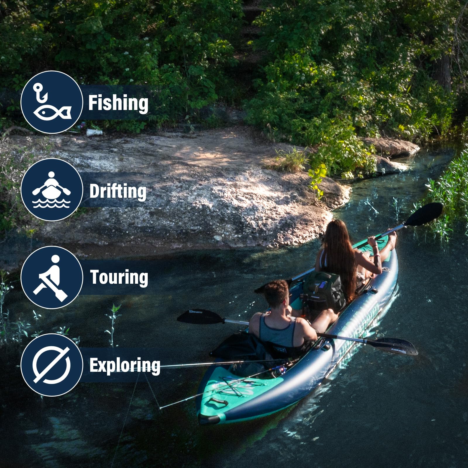 TIGERXBANG Kayak inflable para 2 personas, kayak de turismo de 420 cm para adultos y niños con asiento extraíble, paletas dobles, reposapiés, bomba de mano y accesorios