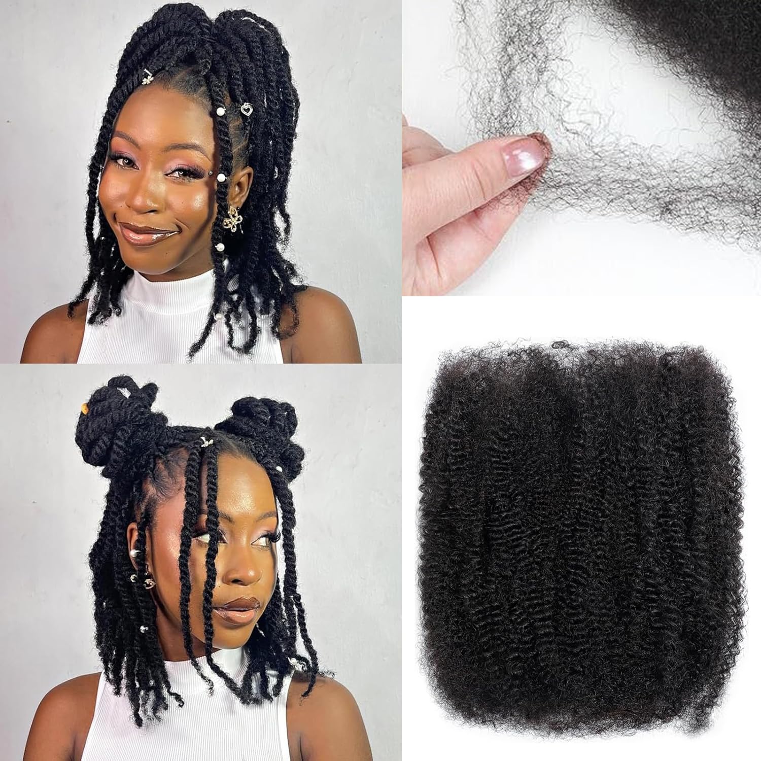 Afro Kinkys Bulk Human Hair for Dreadlock Extensions Mini Twist Braiding Hair 4C Afro Kinky-Curly Human Hair Springy Twist for Repair Locs (1B#