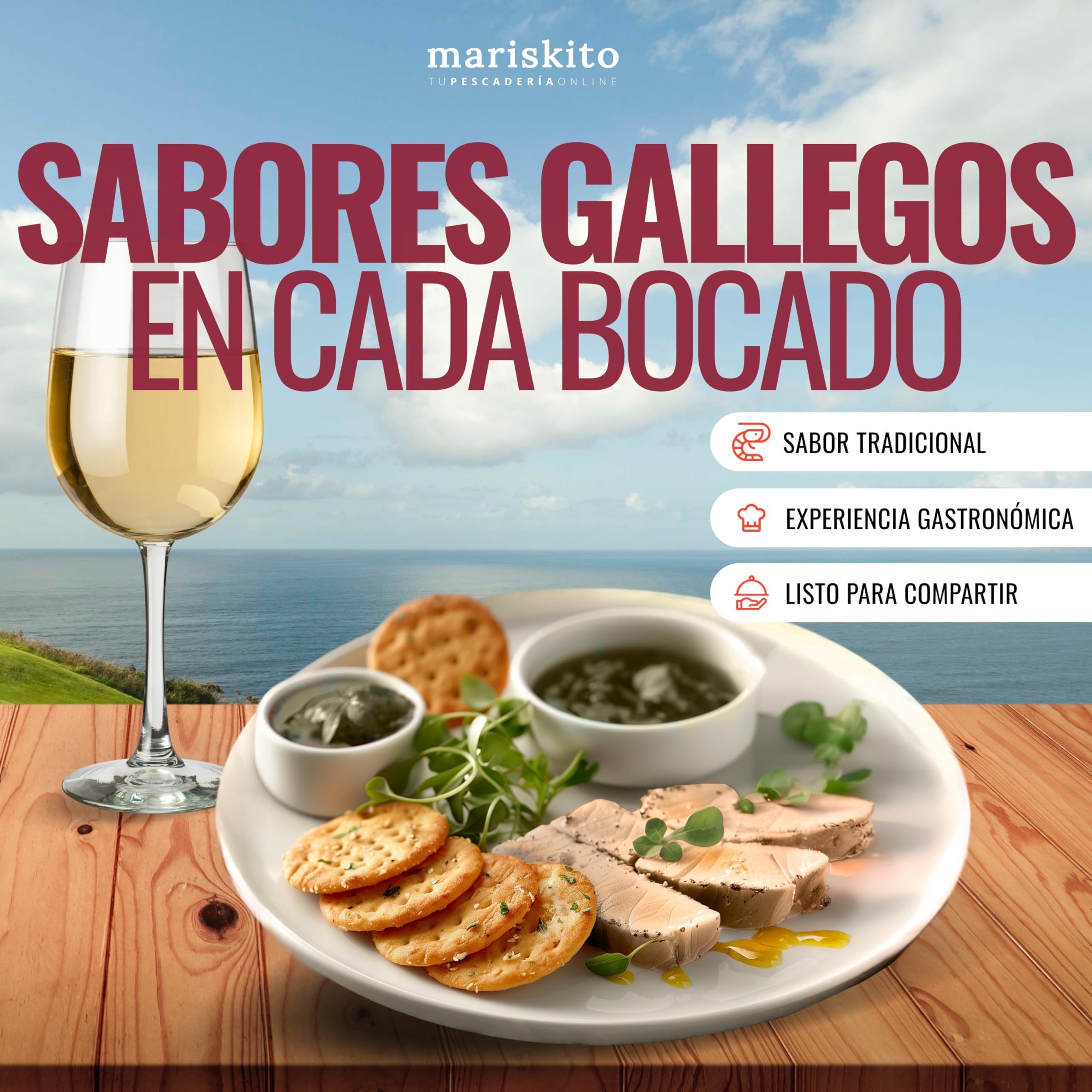 MARISKITO | Caja Regalo Gourmet con Vino Godello, 2 Tarros de Bonito, Mermelada de Pimiento y Mariñeiras – Pack Delicatessen Gallego para Regalar – Lote Gourmet para Navidad, Empresas y Celebraciones