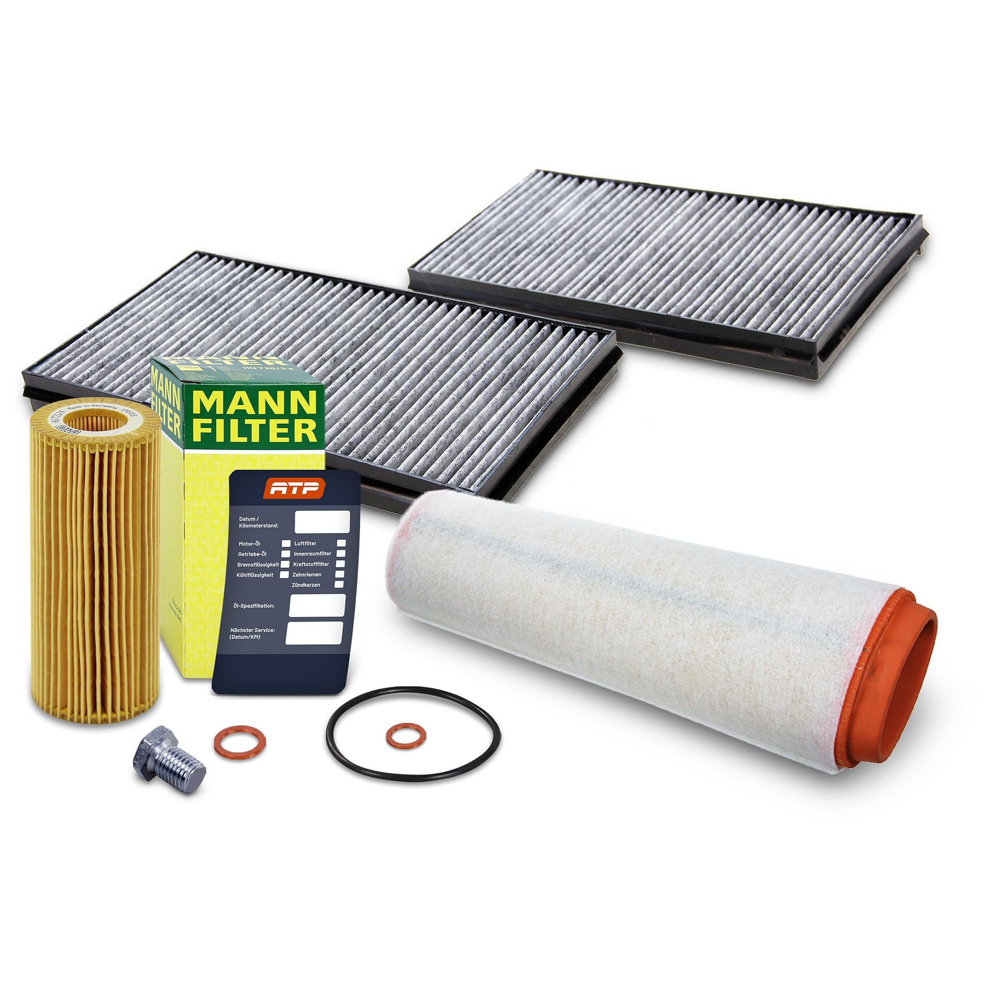 BESTPRICE Inspektionspaket Filterset mit 1x Ölfilter, 1x Innenraumfilter (Aktivkohle), 1x Luftfilter, 1x Ölablassschraube mit Dichtring, 1x Ölwechselanhänger