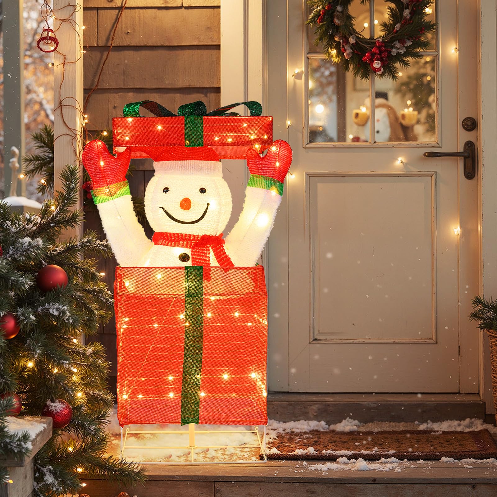COSTWAY LED Schneemann in Geschenkbox, 115 cm beleuchtete Weihnachtsdeko mit 100 warmweißen LED-Lichtern, Weihnachtsfigur Outdoor XXL, Weihnachtsbeleuchtung für innen & außen