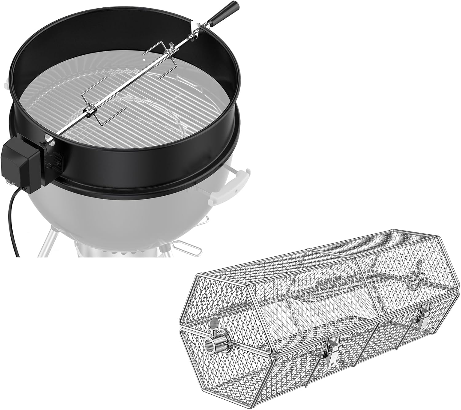 Charkettle Rotisserie Ring Kit and Stainless Steel Round Tumble Rotisserie Grill Basket