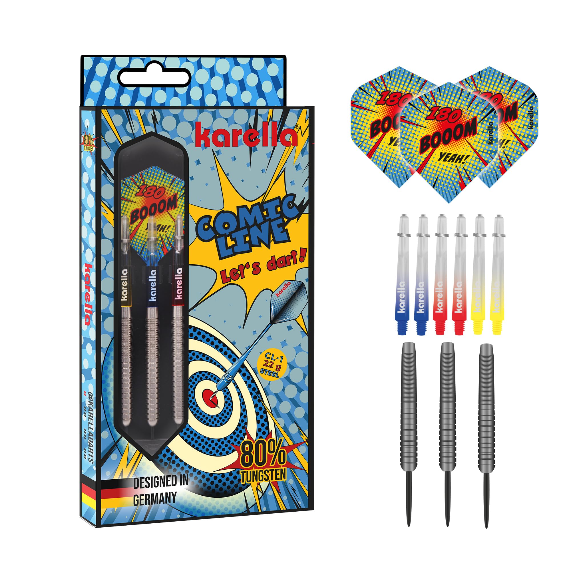 Karella Darts Comic-Line 80% tungsteno, freccette professionali in acciaio, 5 modelli, 21 – 24 g, fusti in policarbonato indeformabili, alette da 100 mic. Freccette con fusti di ricambio e scatola in