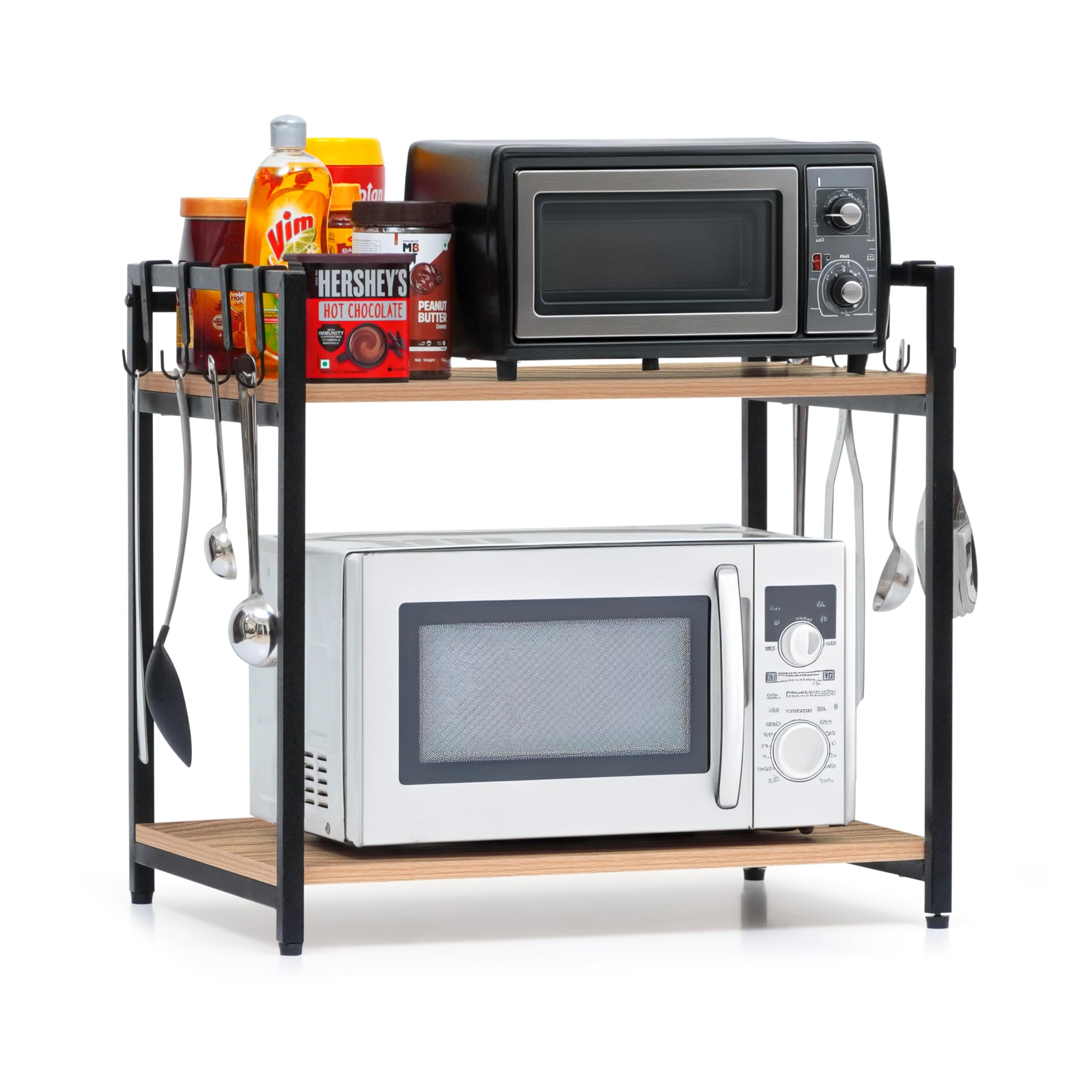 Livzing Microwave Stand, Oven Stand for Kitchen Storage Shelf, 2 Tier Microwave Rack With Hanging Plastic Hooks - Tiered Shelf - Heavy Metal Frame With Engineered Wood