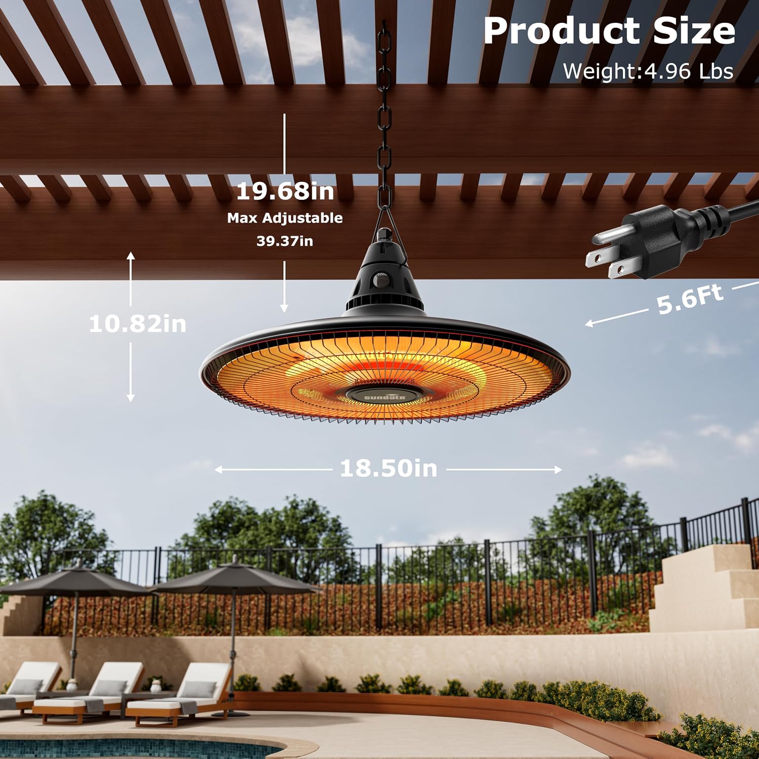 Hanging Heater, 1500W Outdoor Electric Patio Ceiling Heater with Remote Control, Infrared for Courtyard, Garage, Patio, Overheat & Tip-Over Protection, Waterproof, Deep Black