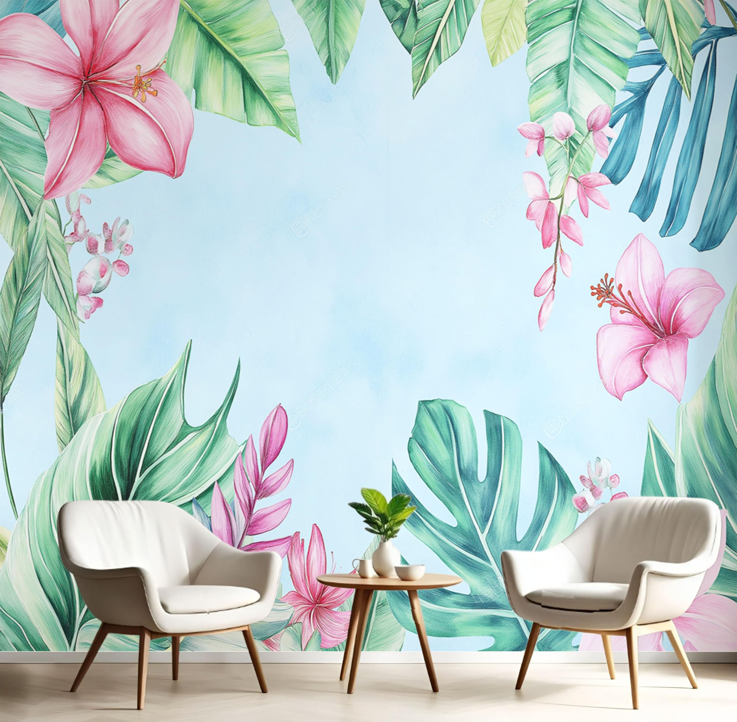 Papier peint tropical aquarelle 400x280 cm fresque grand format salon