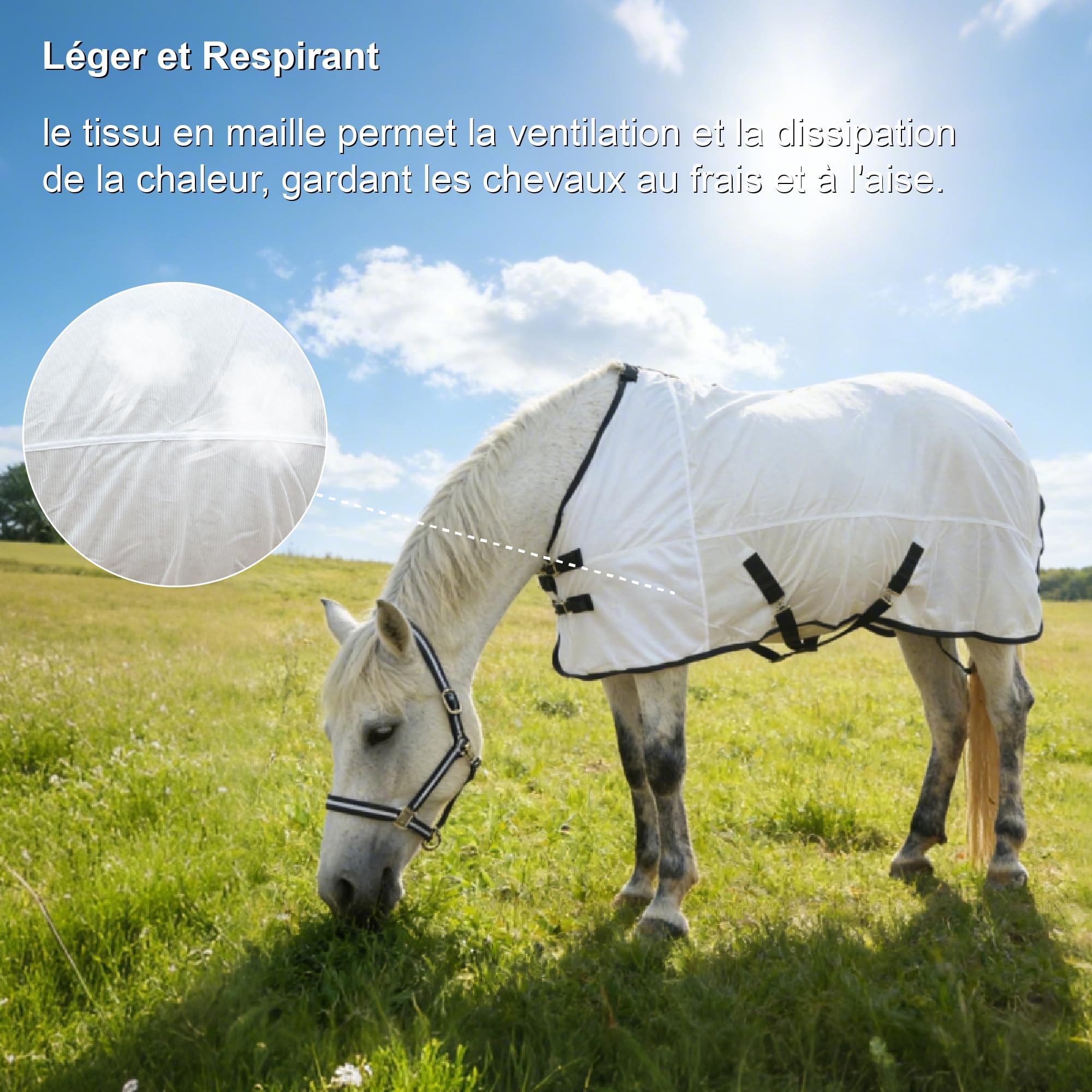 Couverture Anti-Mouches en Maille pour Chevaux, Protection UV, Légère et Respirante, Ajustement Réglable, Encolure Standard, pour l'Été dans Les Paddocks et Les Écuries, Blanc 130cm